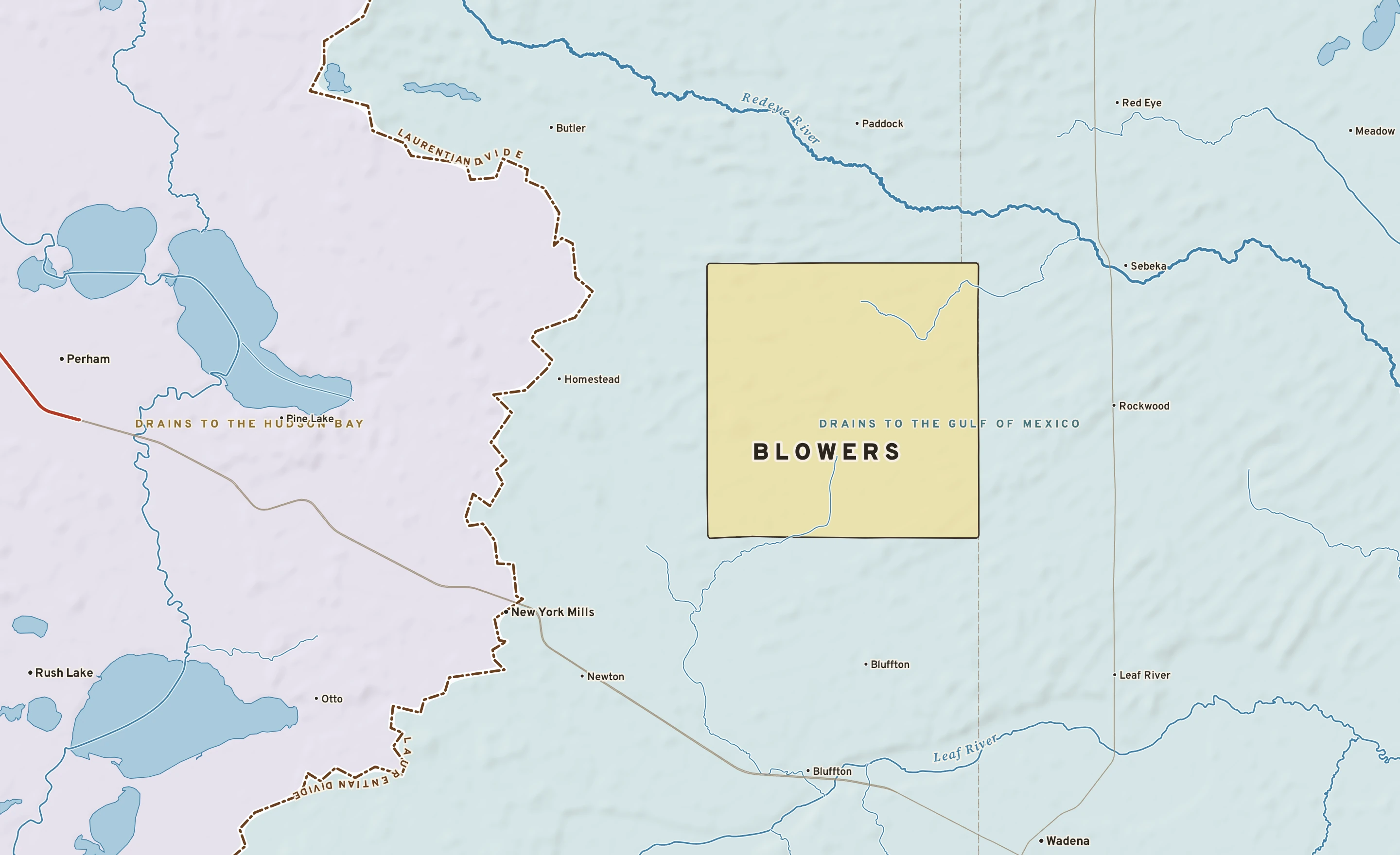 Shaded-relief atlas plate of Blowers, Minnesota: rivers, roads, the city limits and where the water drains.