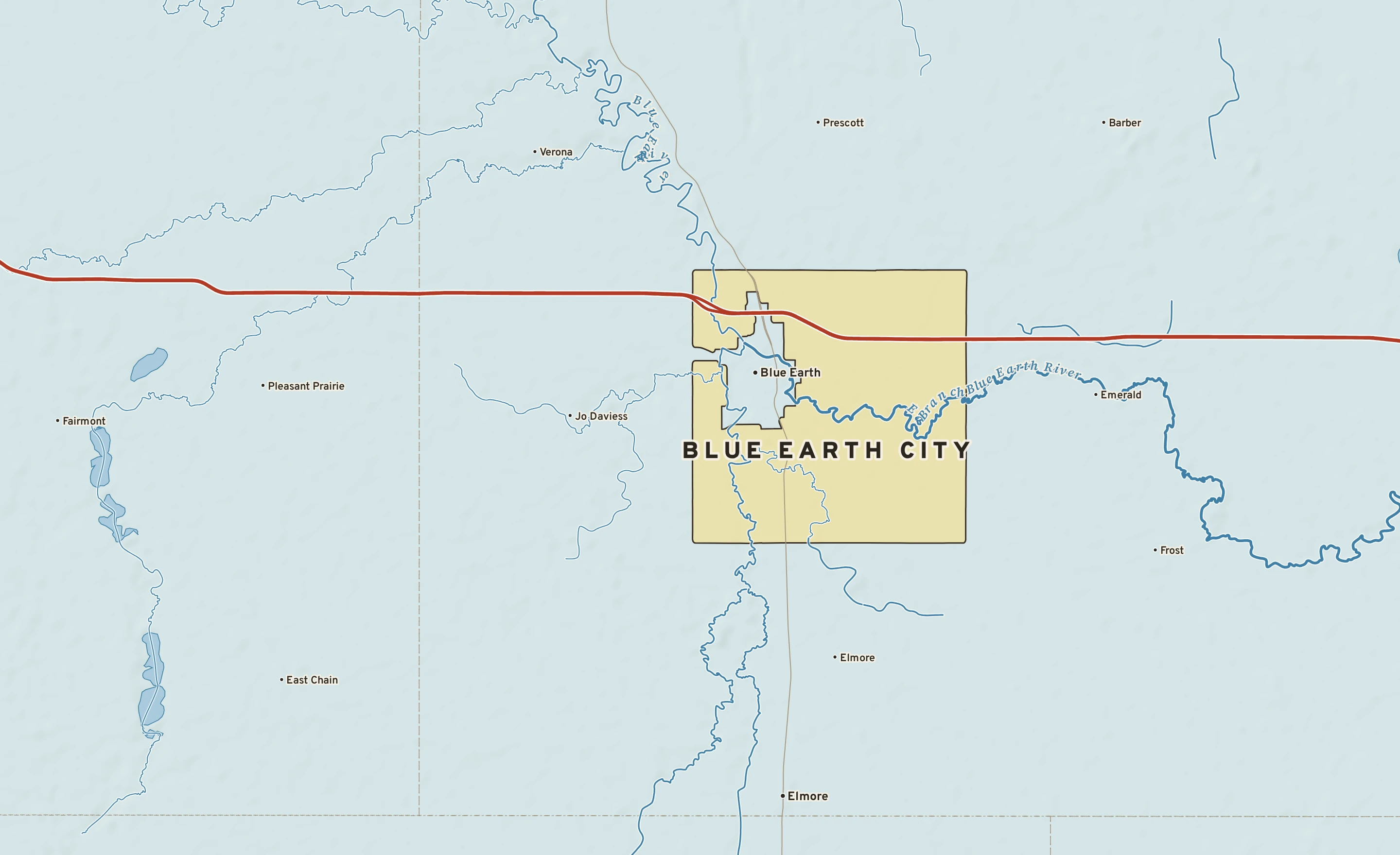 Shaded-relief atlas plate of Blue Earth City, Minnesota: rivers, roads, the city limits and where the water drains.