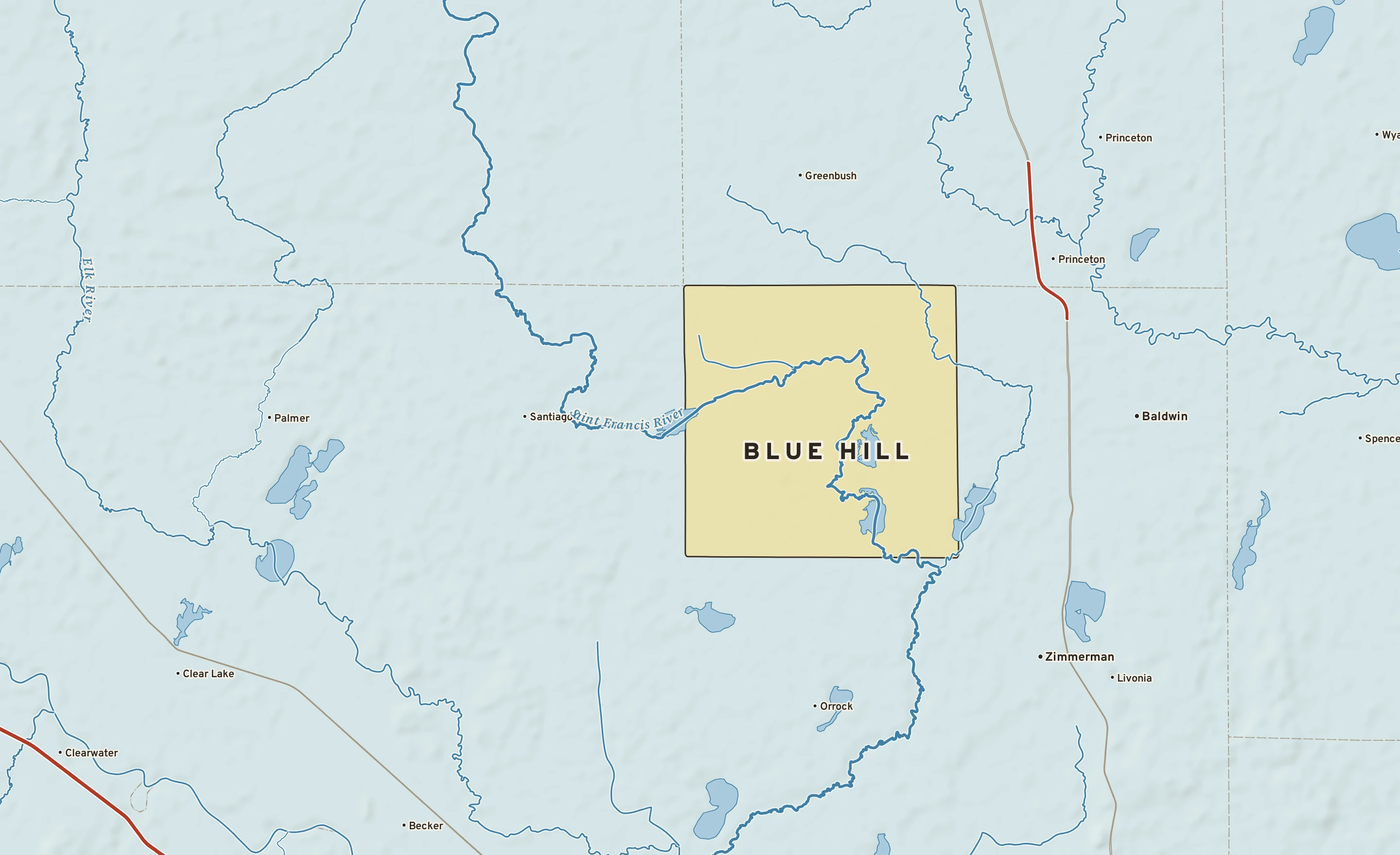 Shaded-relief atlas plate of Blue Hill, Minnesota: rivers, roads, the city limits and where the water drains.