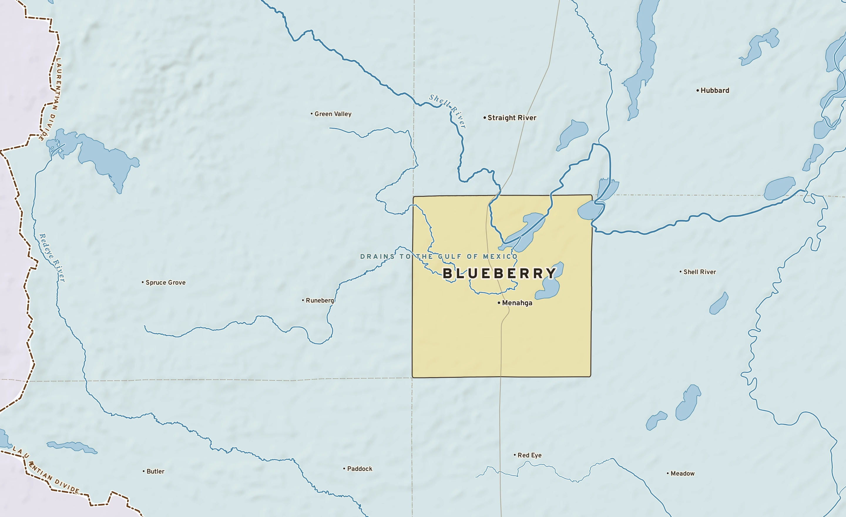 Shaded-relief atlas plate of Blueberry, Minnesota: rivers, roads, the city limits and where the water drains.