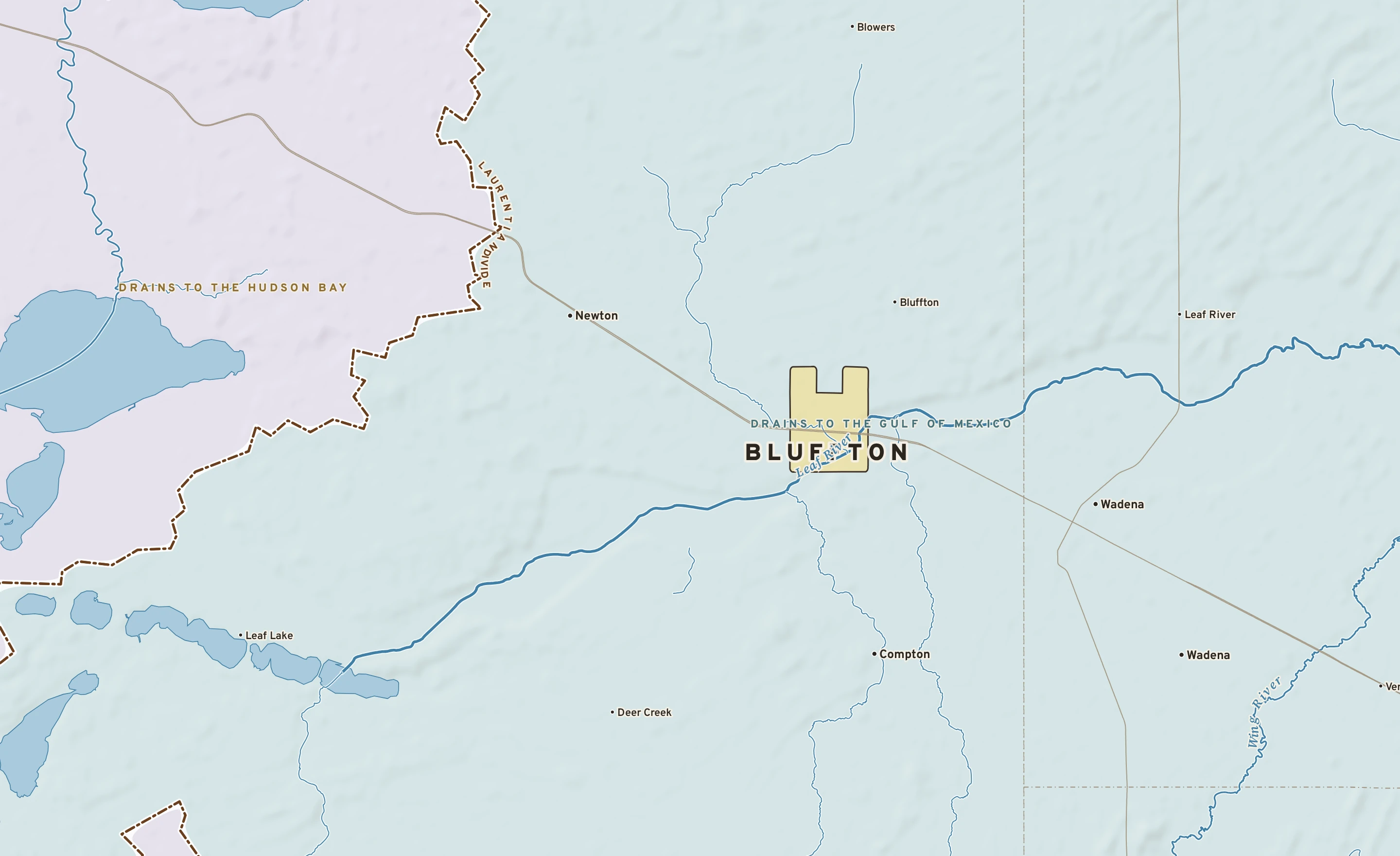 Shaded-relief atlas plate of Bluffton, Minnesota: rivers, roads, the city limits and where the water drains.