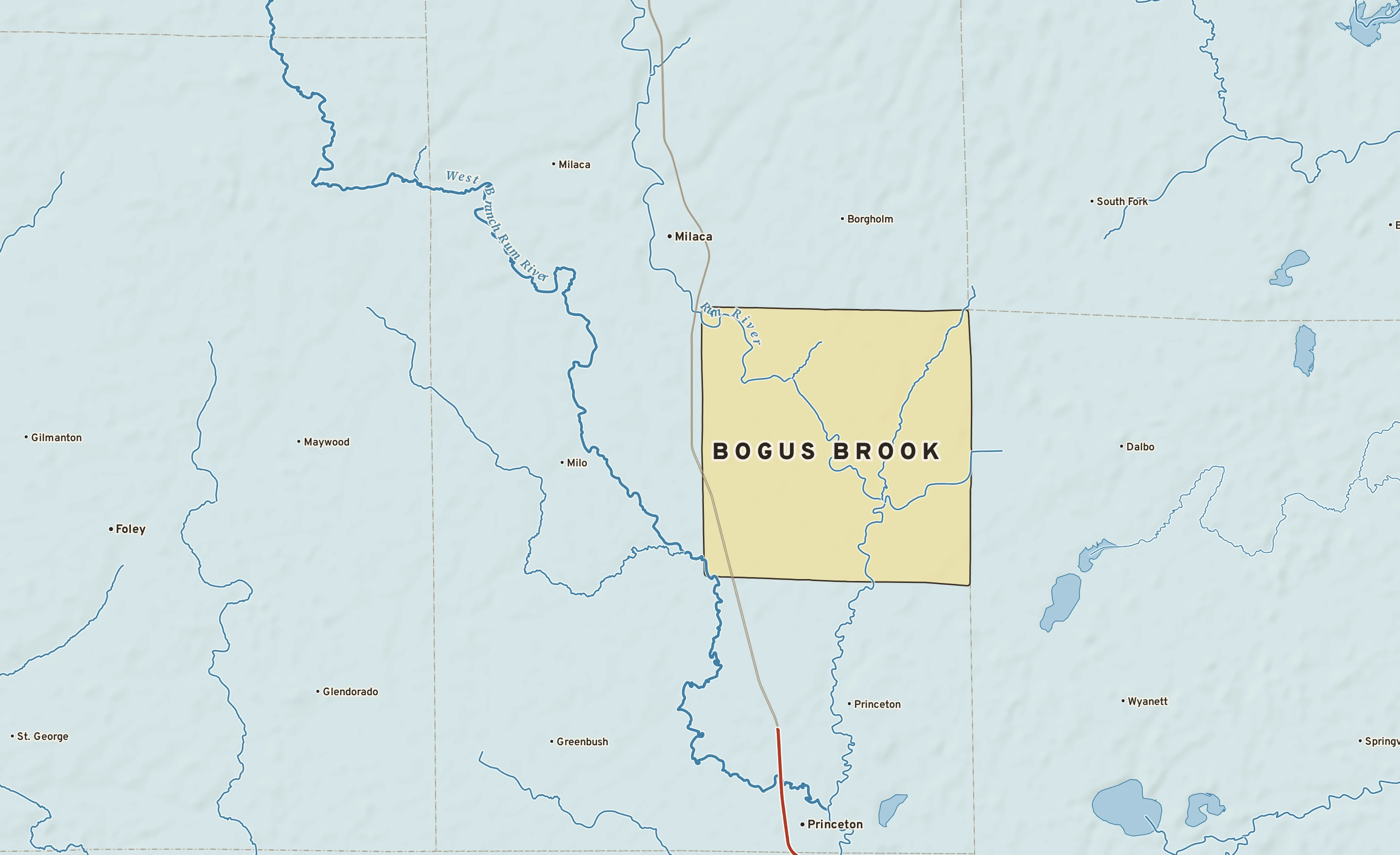 Shaded-relief atlas plate of Bogus Brook, Minnesota: rivers, roads, the city limits and where the water drains.