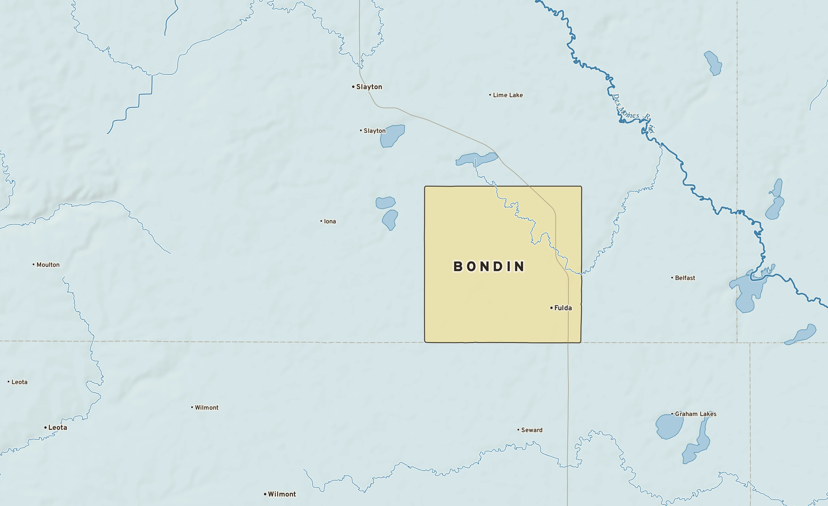 Shaded-relief atlas plate of Bondin, Minnesota: rivers, roads, the city limits and where the water drains.