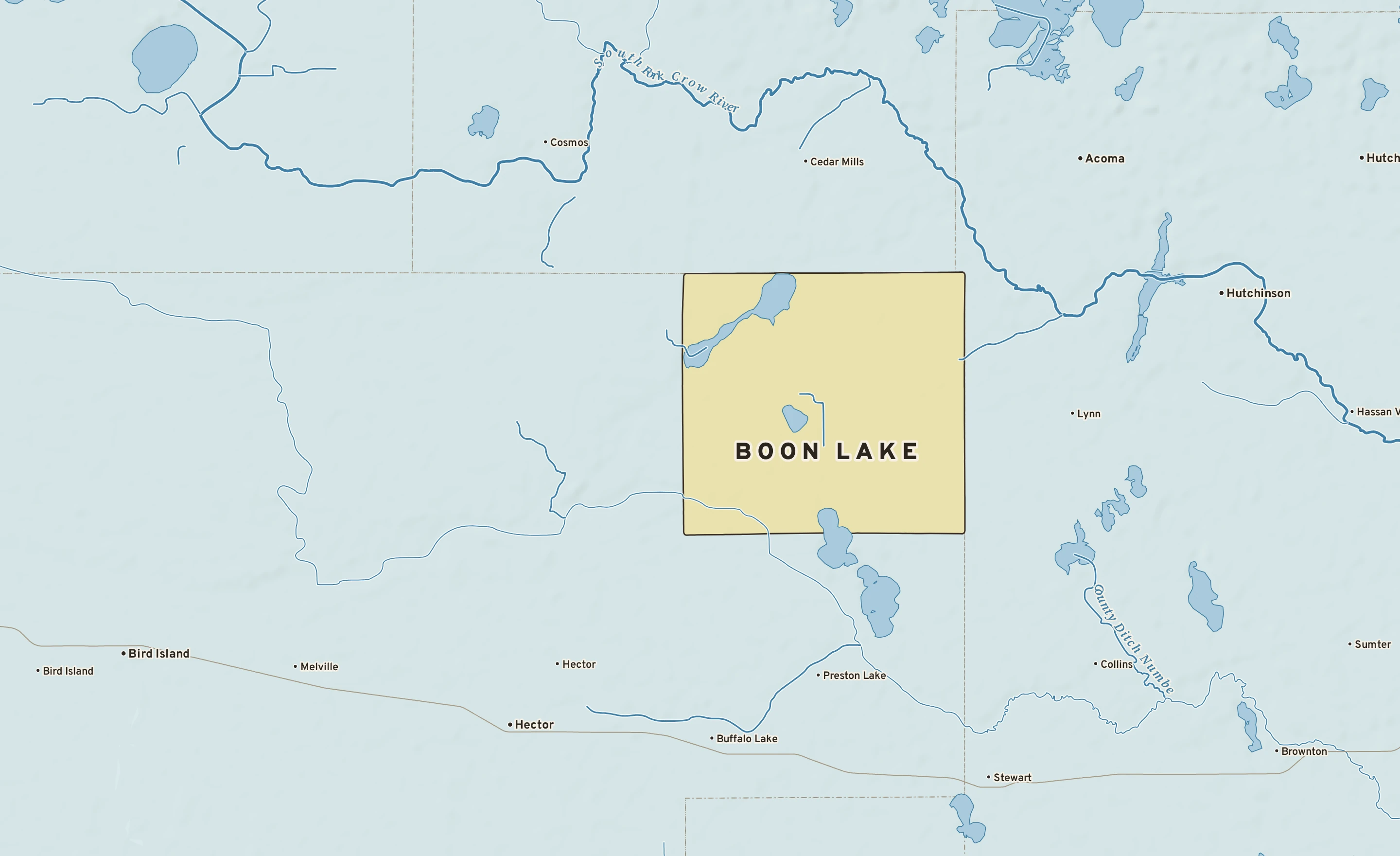 Shaded-relief atlas plate of Boon Lake, Minnesota: rivers, roads, the city limits and where the water drains.