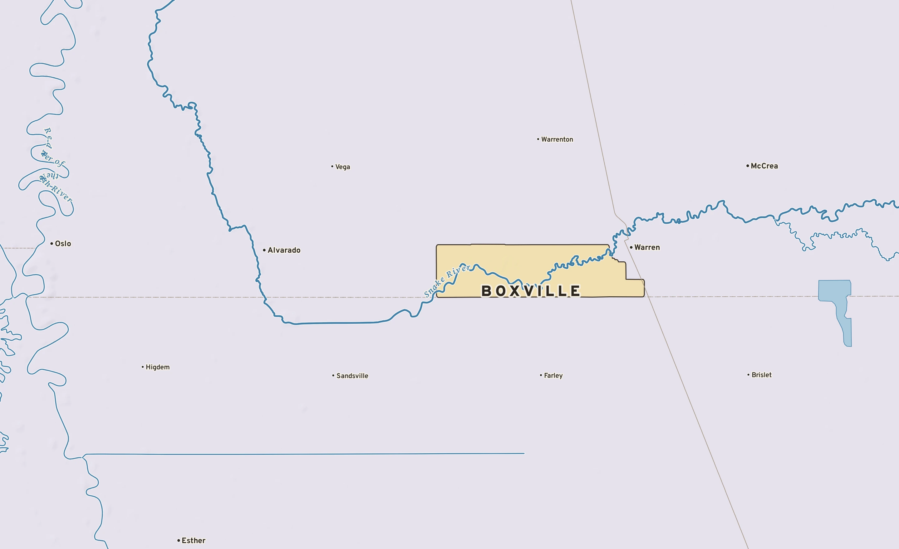 Shaded-relief atlas plate of Boxville, Minnesota: rivers, roads, the city limits and where the water drains.