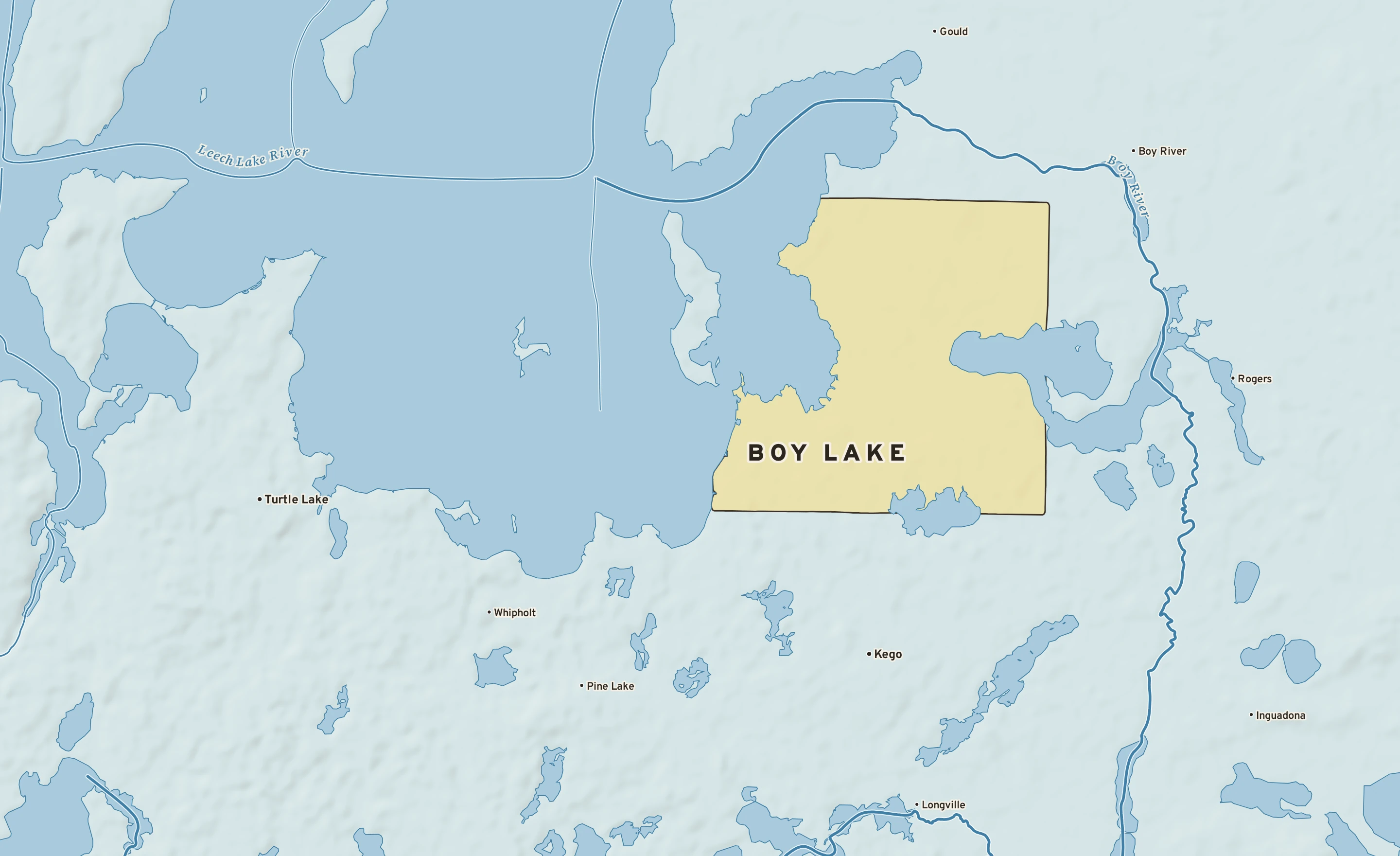 Shaded-relief atlas plate of Boy Lake, Minnesota: rivers, roads, the city limits and where the water drains.