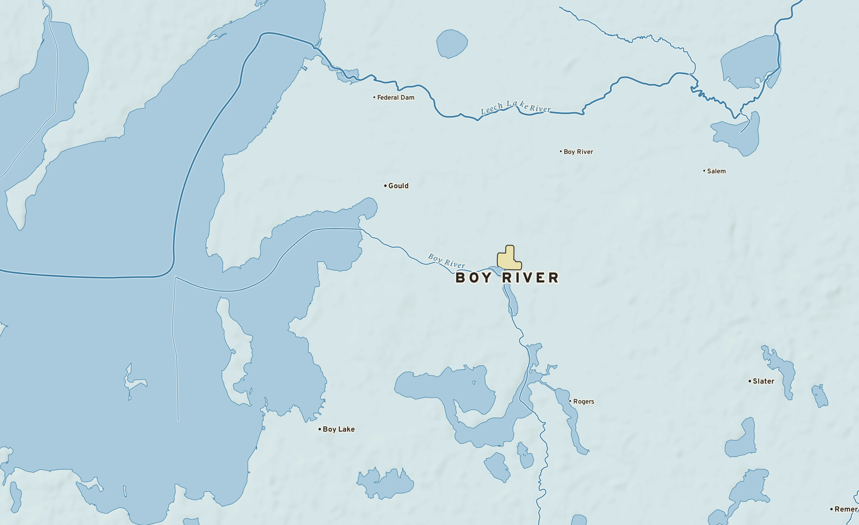 Shaded-relief atlas plate of Boy River, Minnesota: rivers, roads, the city limits and where the water drains.