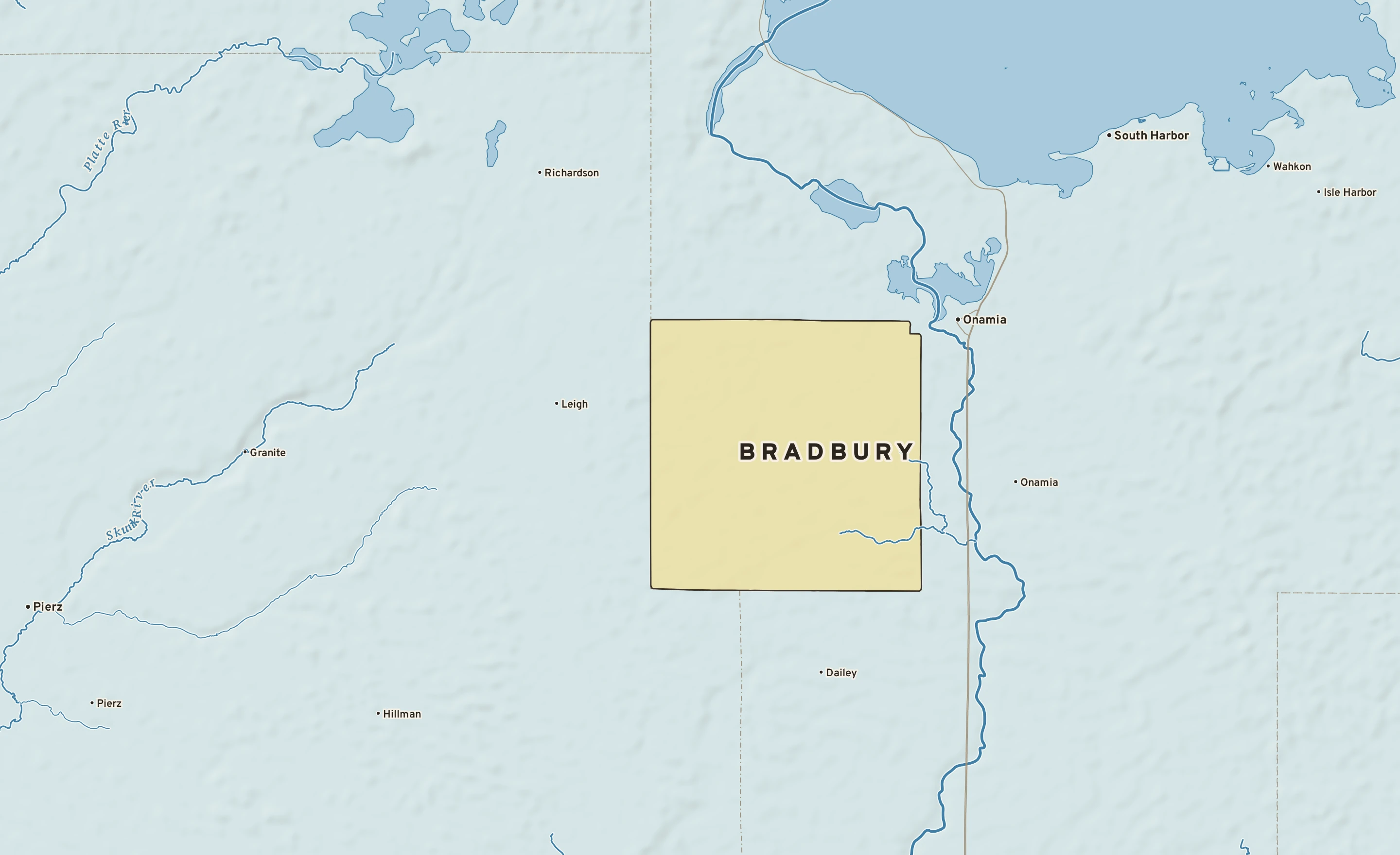 Shaded-relief atlas plate of Bradbury, Minnesota: rivers, roads, the city limits and where the water drains.
