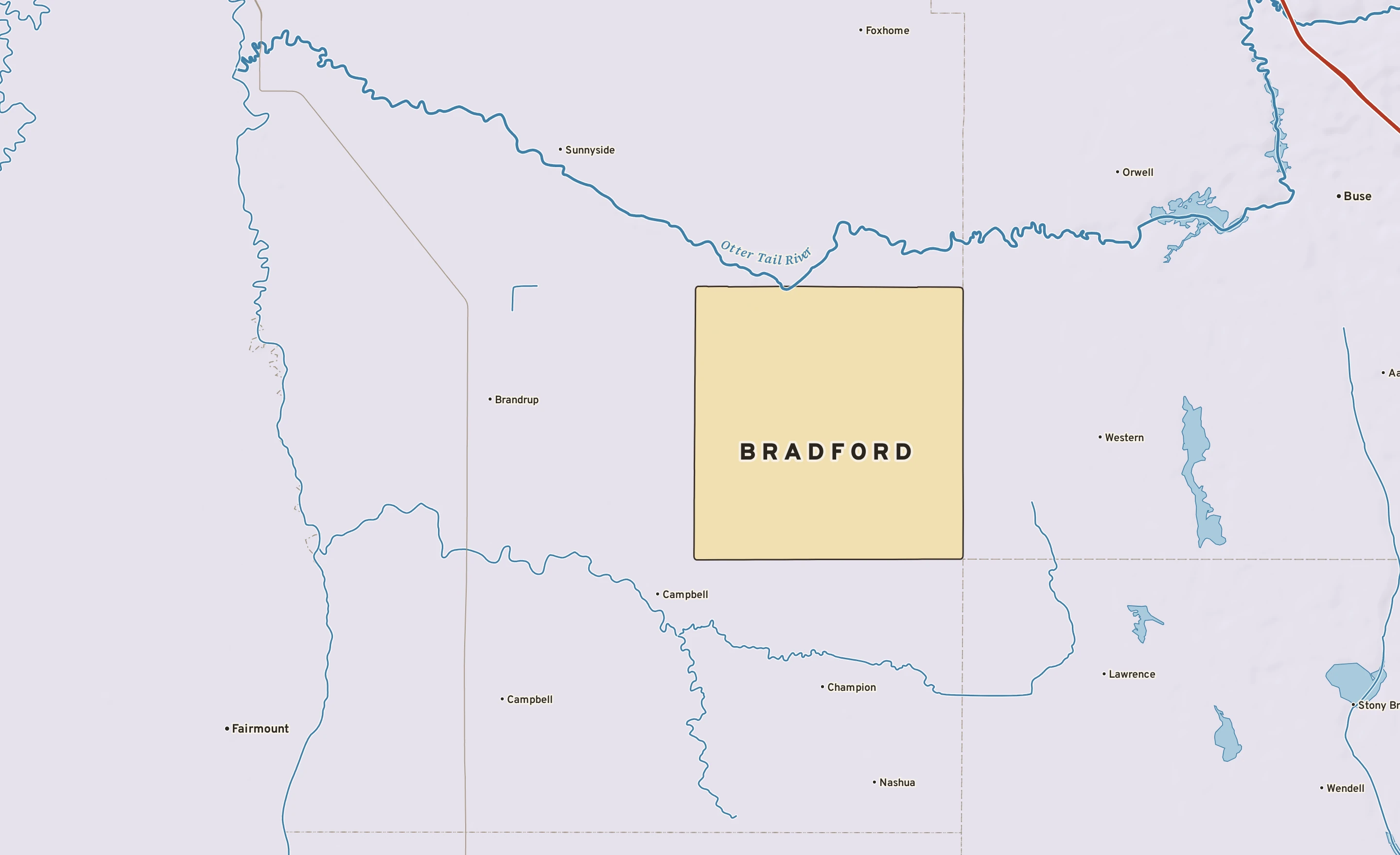 Shaded-relief atlas plate of Bradford, Minnesota: rivers, roads, the city limits and where the water drains.