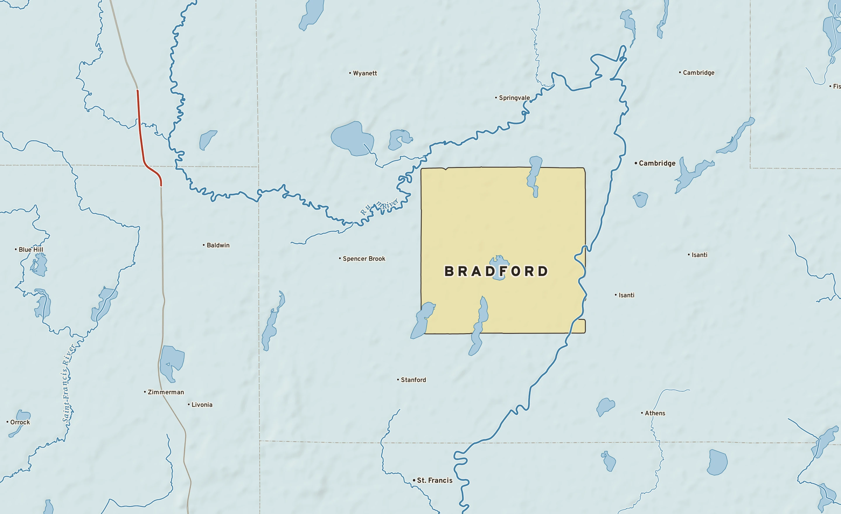Shaded-relief atlas plate of Bradford, Minnesota: rivers, roads, the city limits and where the water drains.