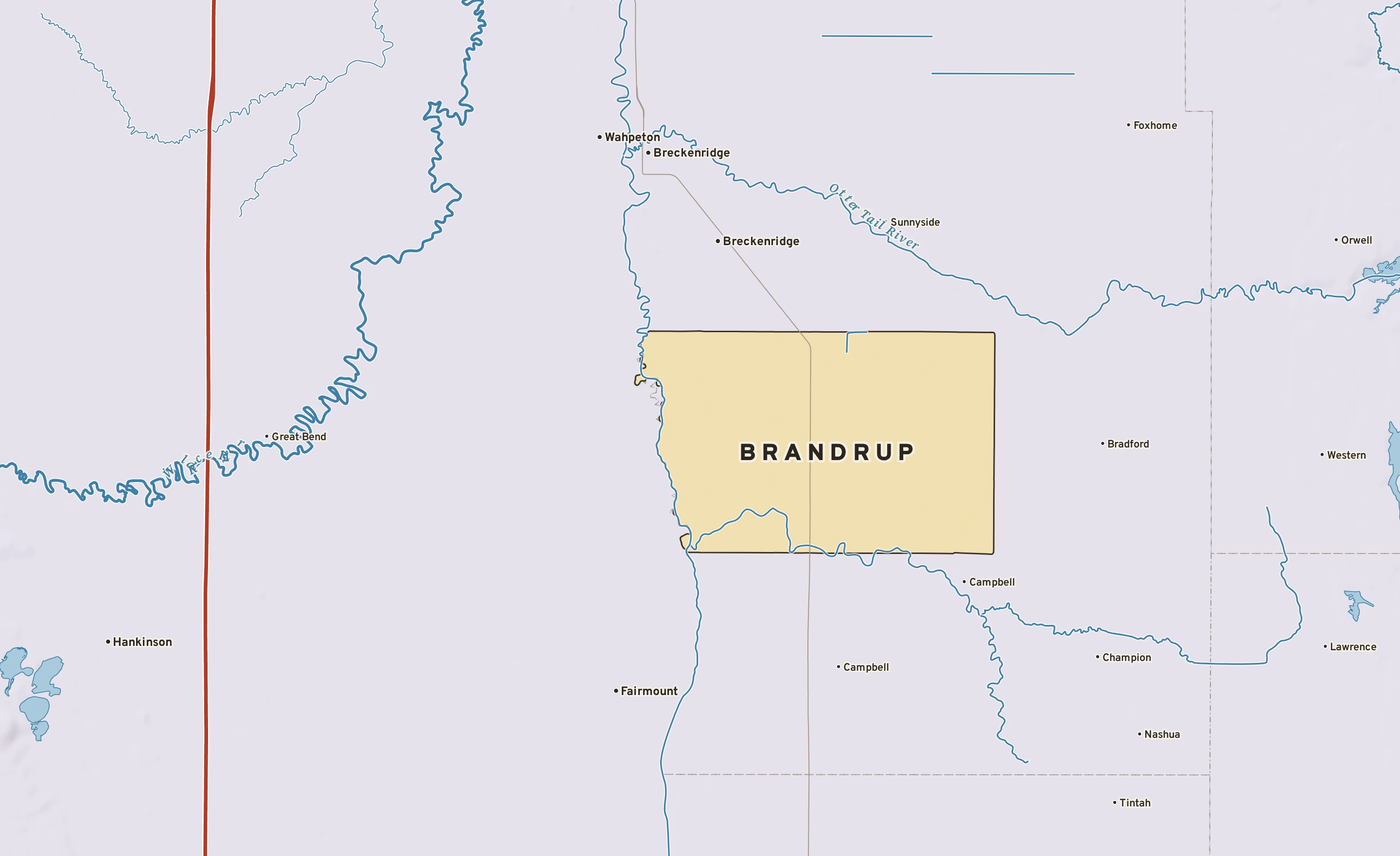 Shaded-relief atlas plate of Brandrup, Minnesota: rivers, roads, the city limits and where the water drains.