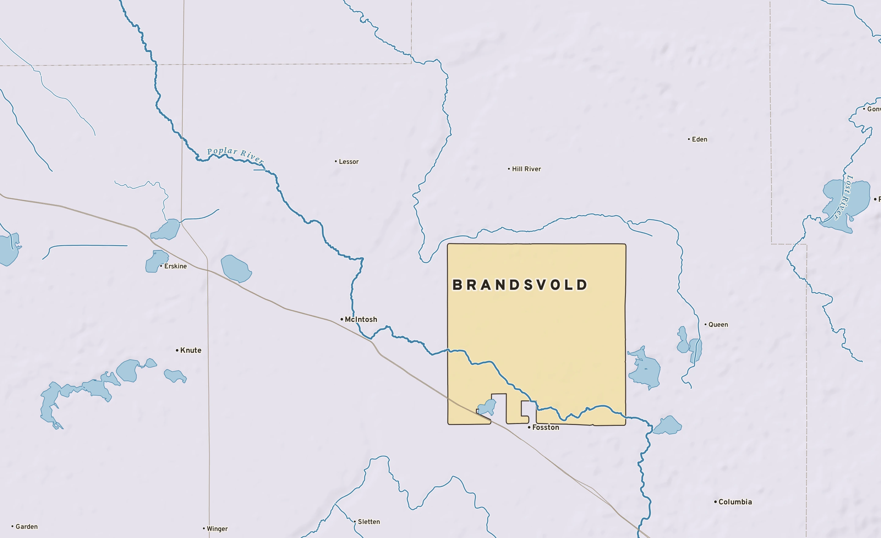 Shaded-relief atlas plate of Brandsvold, Minnesota: rivers, roads, the city limits and where the water drains.