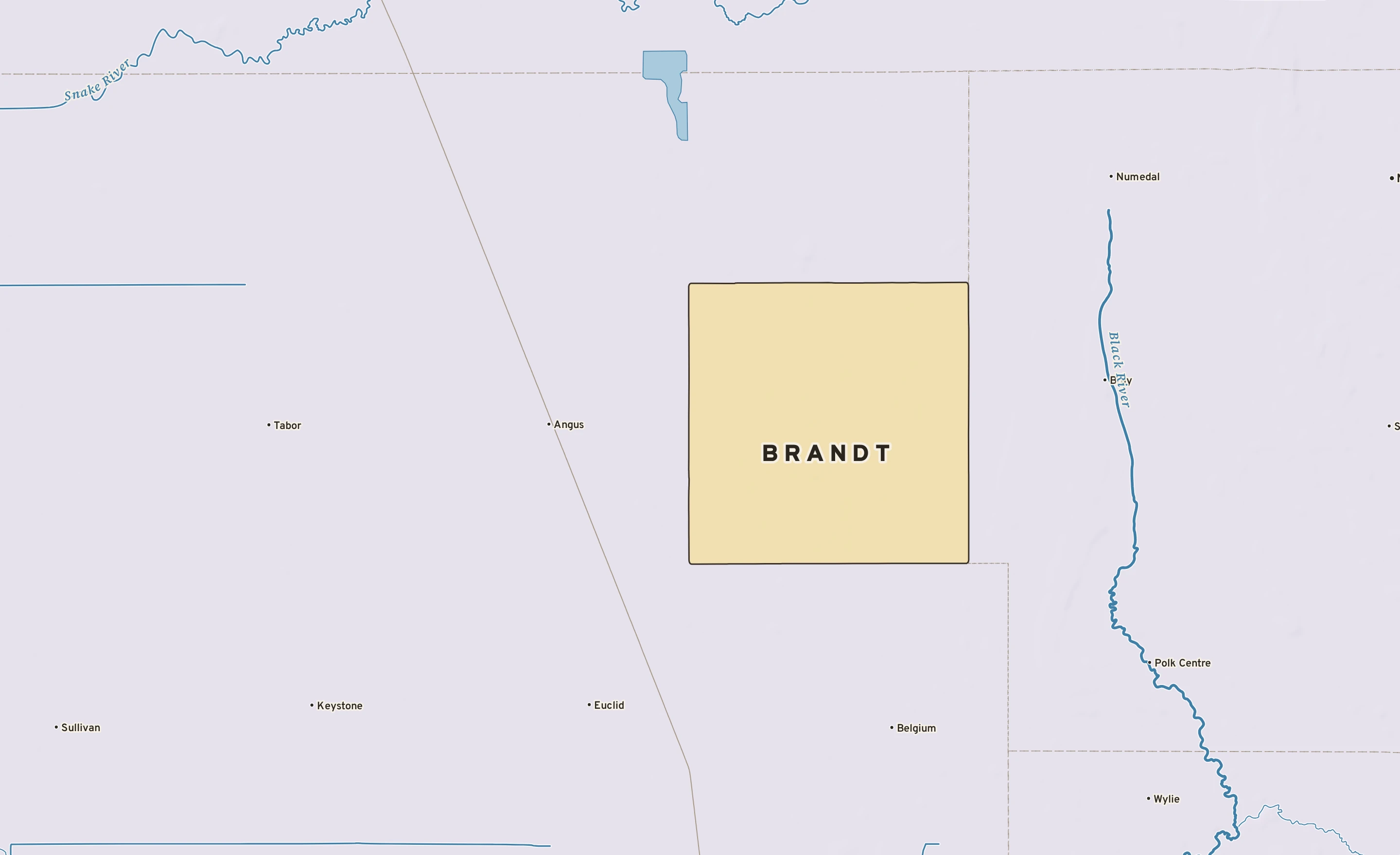 Shaded-relief atlas plate of Brandt, Minnesota: rivers, roads, the city limits and where the water drains.