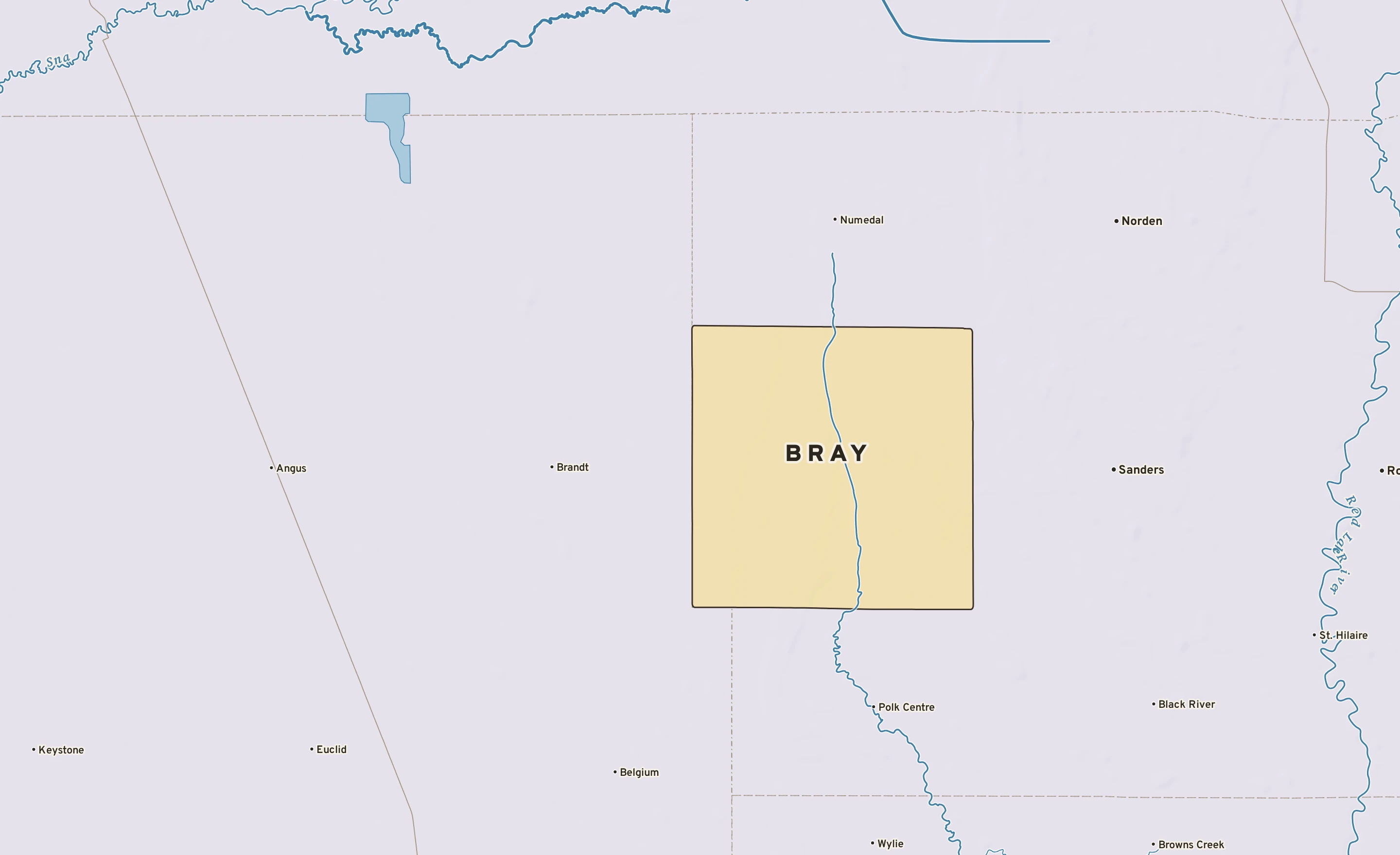 Shaded-relief atlas plate of Bray, Minnesota: rivers, roads, the city limits and where the water drains.