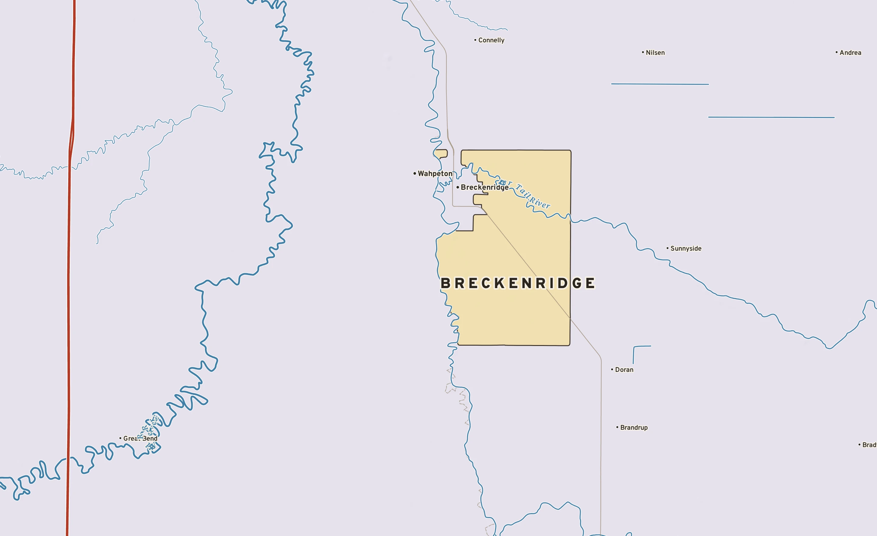 Shaded-relief atlas plate of Breckenridge, Minnesota: rivers, roads, the city limits and where the water drains.