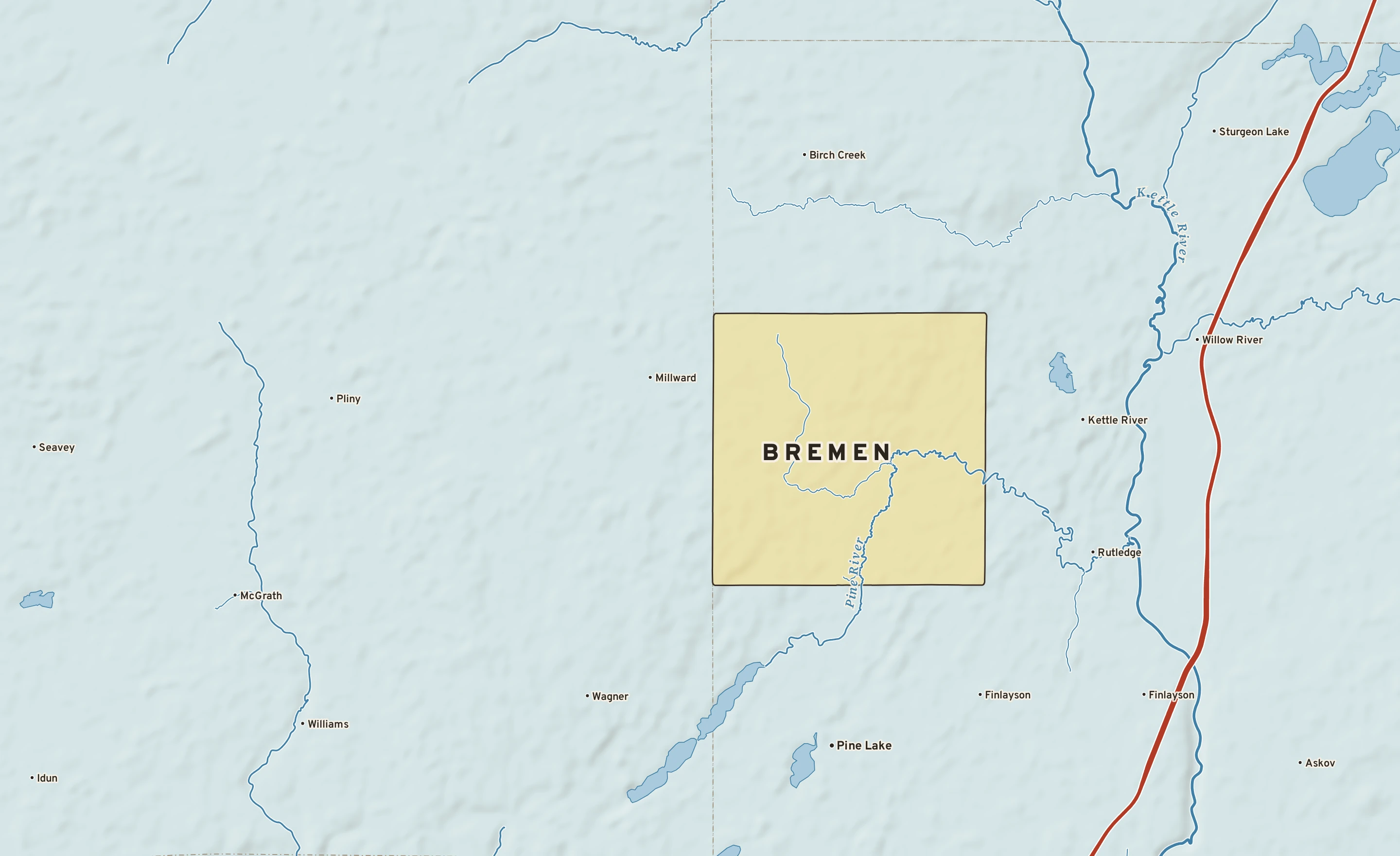 Shaded-relief atlas plate of Bremen, Minnesota: rivers, roads, the city limits and where the water drains.