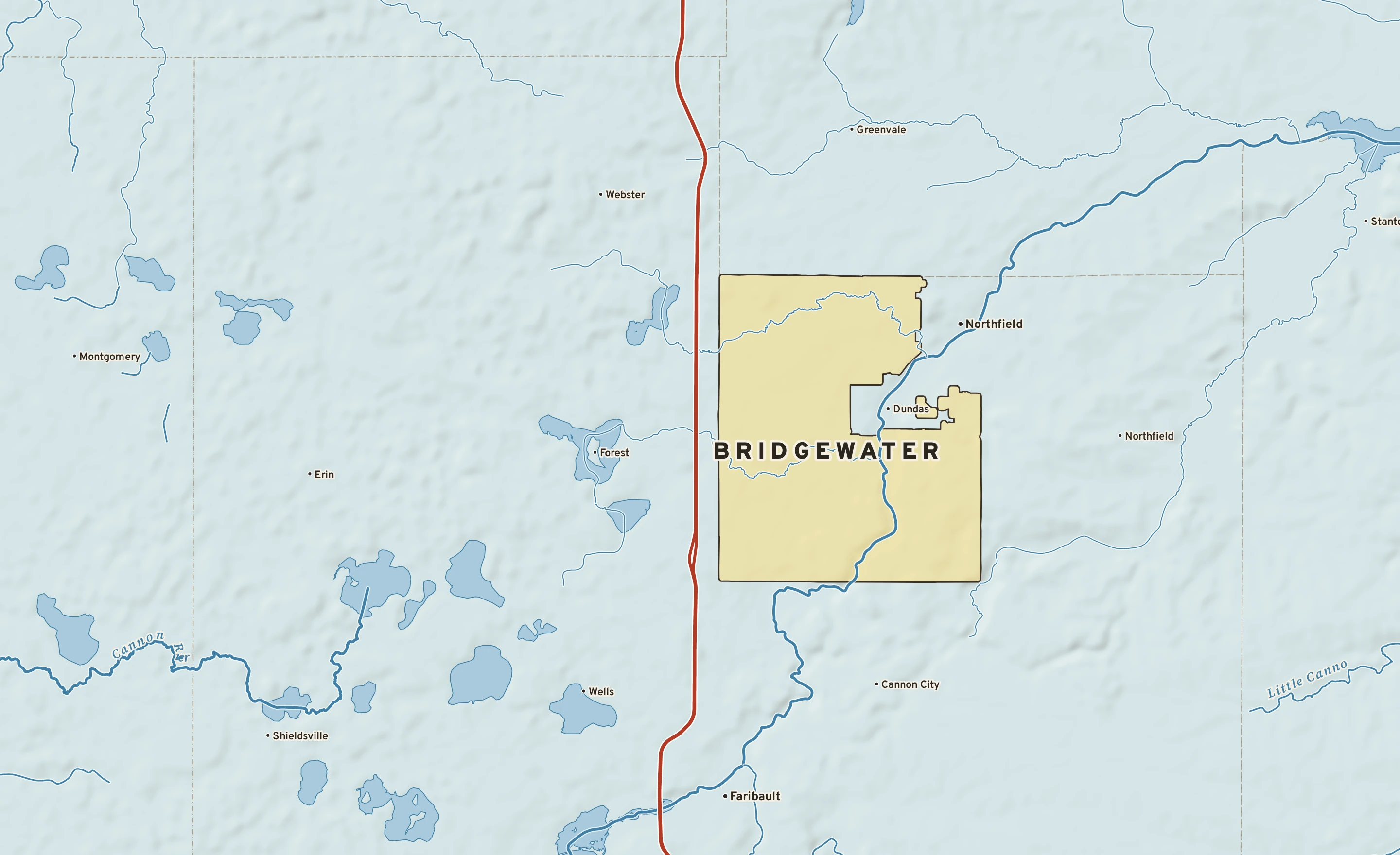 Shaded-relief atlas plate of Bridgewater, Minnesota: rivers, roads, the city limits and where the water drains.
