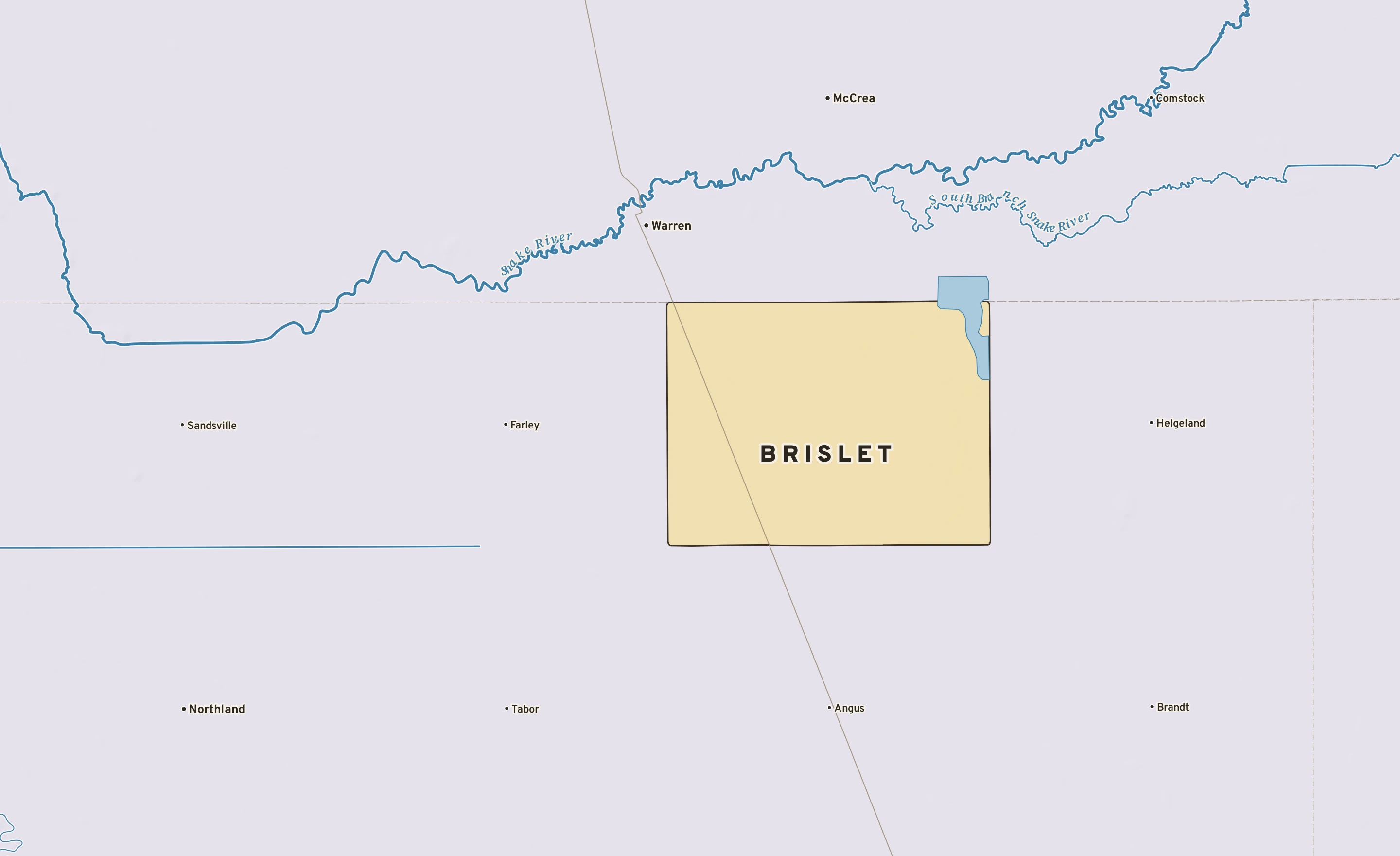 Shaded-relief atlas plate of Brislet, Minnesota: rivers, roads, the city limits and where the water drains.
