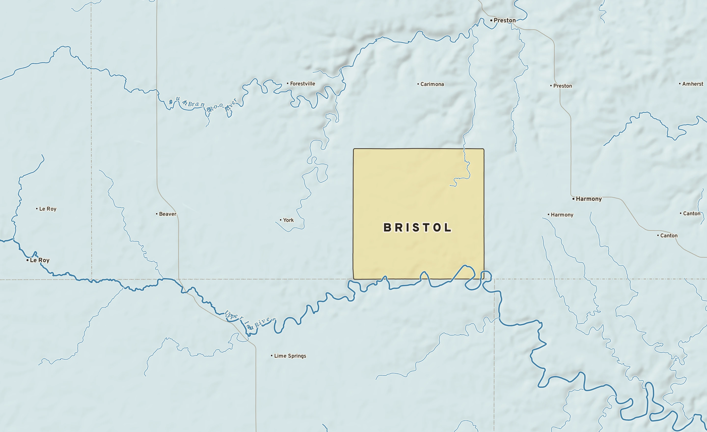 Shaded-relief atlas plate of Bristol, Minnesota: rivers, roads, the city limits and where the water drains.