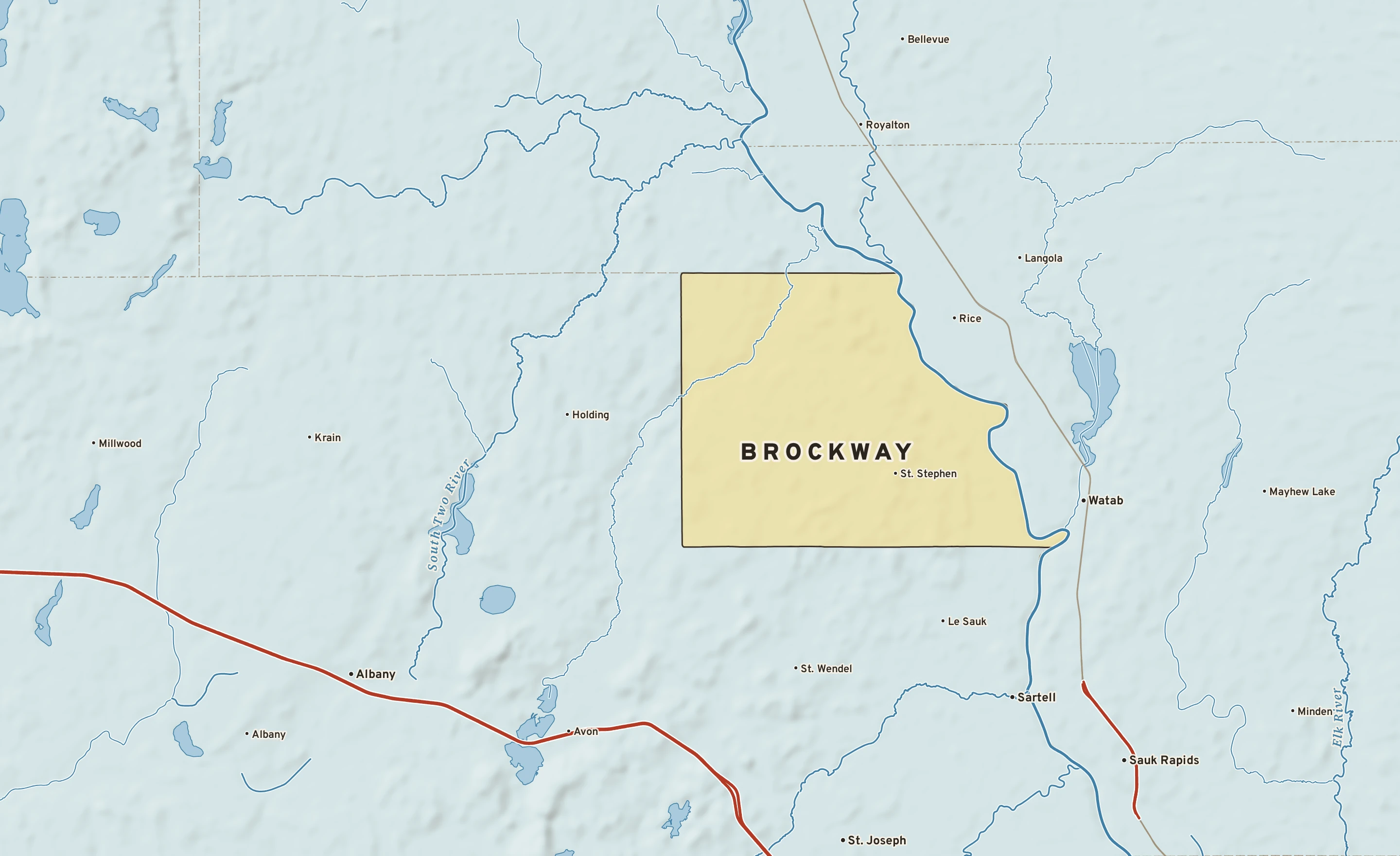 Shaded-relief atlas plate of Brockway, Minnesota: rivers, roads, the city limits and where the water drains.