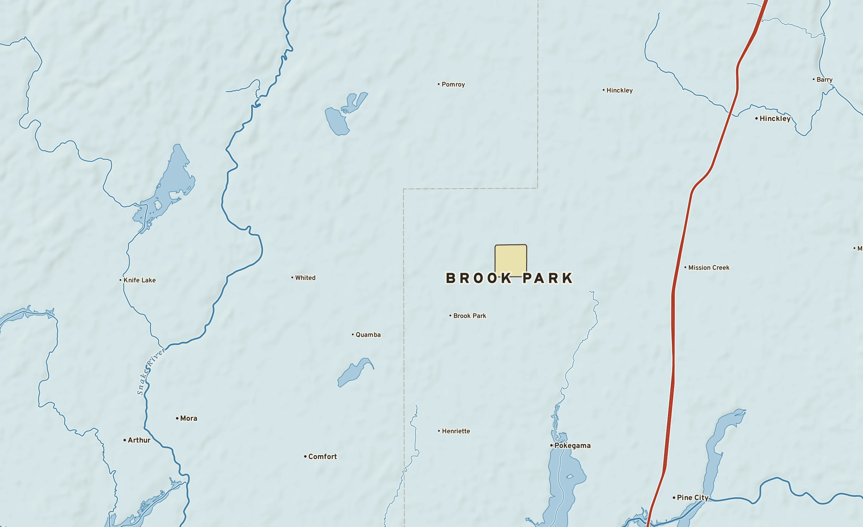 Shaded-relief atlas plate of Brook Park, Minnesota: rivers, roads, the city limits and where the water drains.