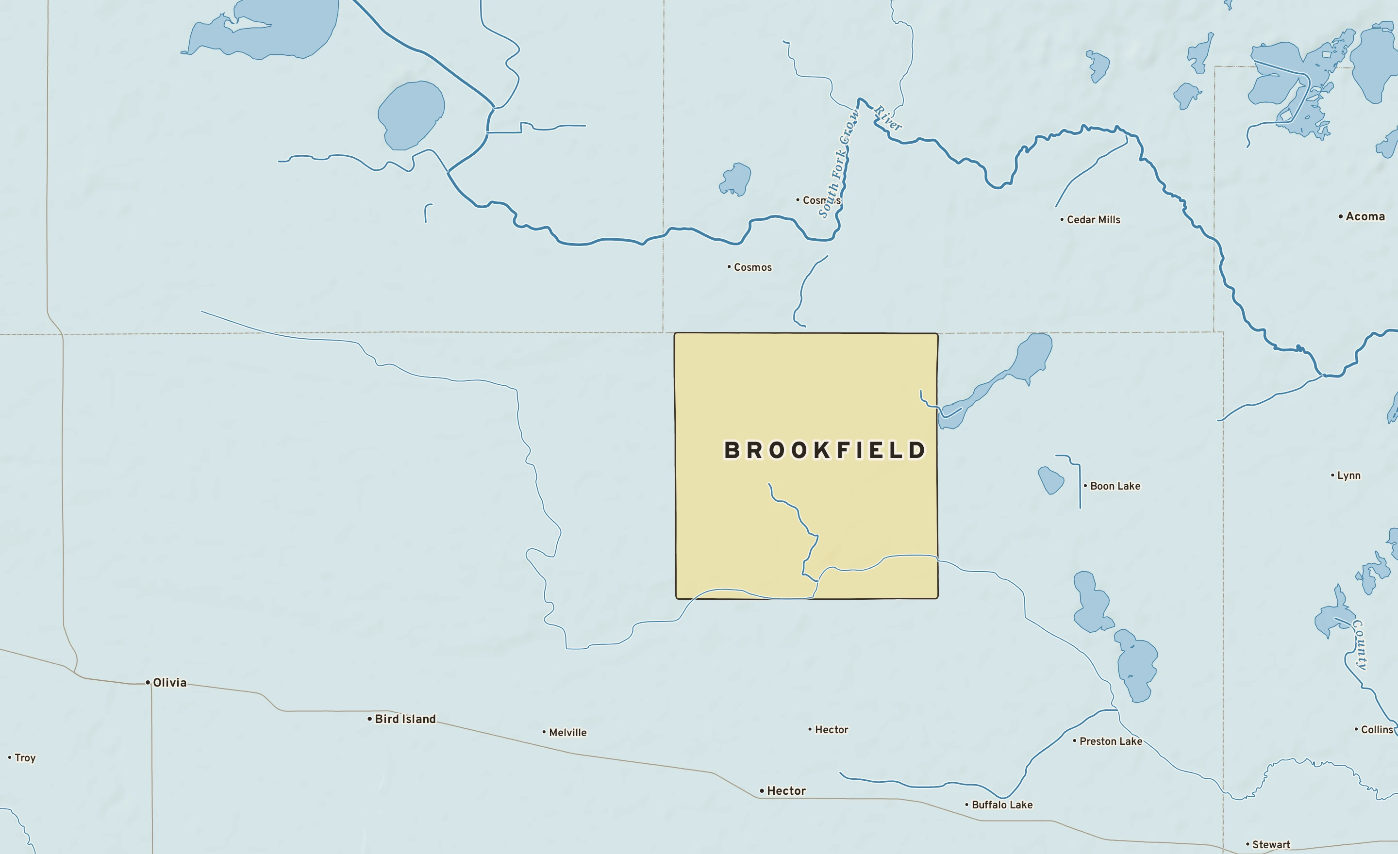 Shaded-relief atlas plate of Brookfield, Minnesota: rivers, roads, the city limits and where the water drains.