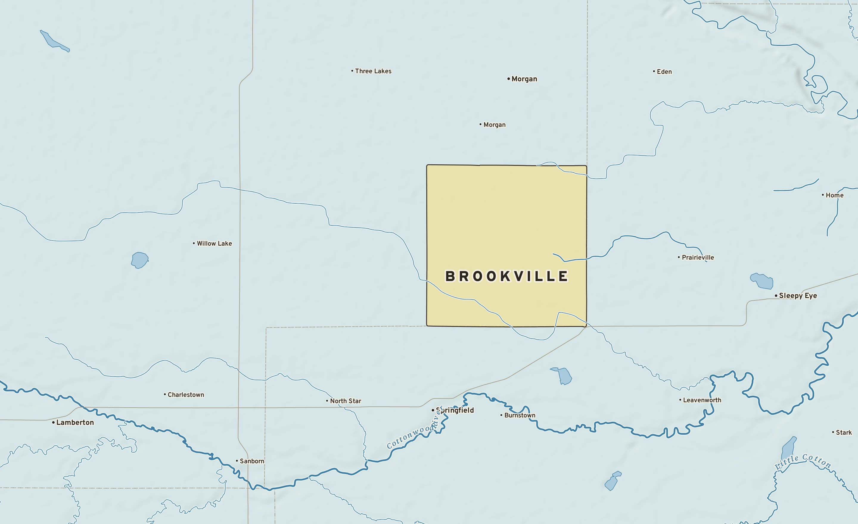 Shaded-relief atlas plate of Brookville, Minnesota: rivers, roads, the city limits and where the water drains.