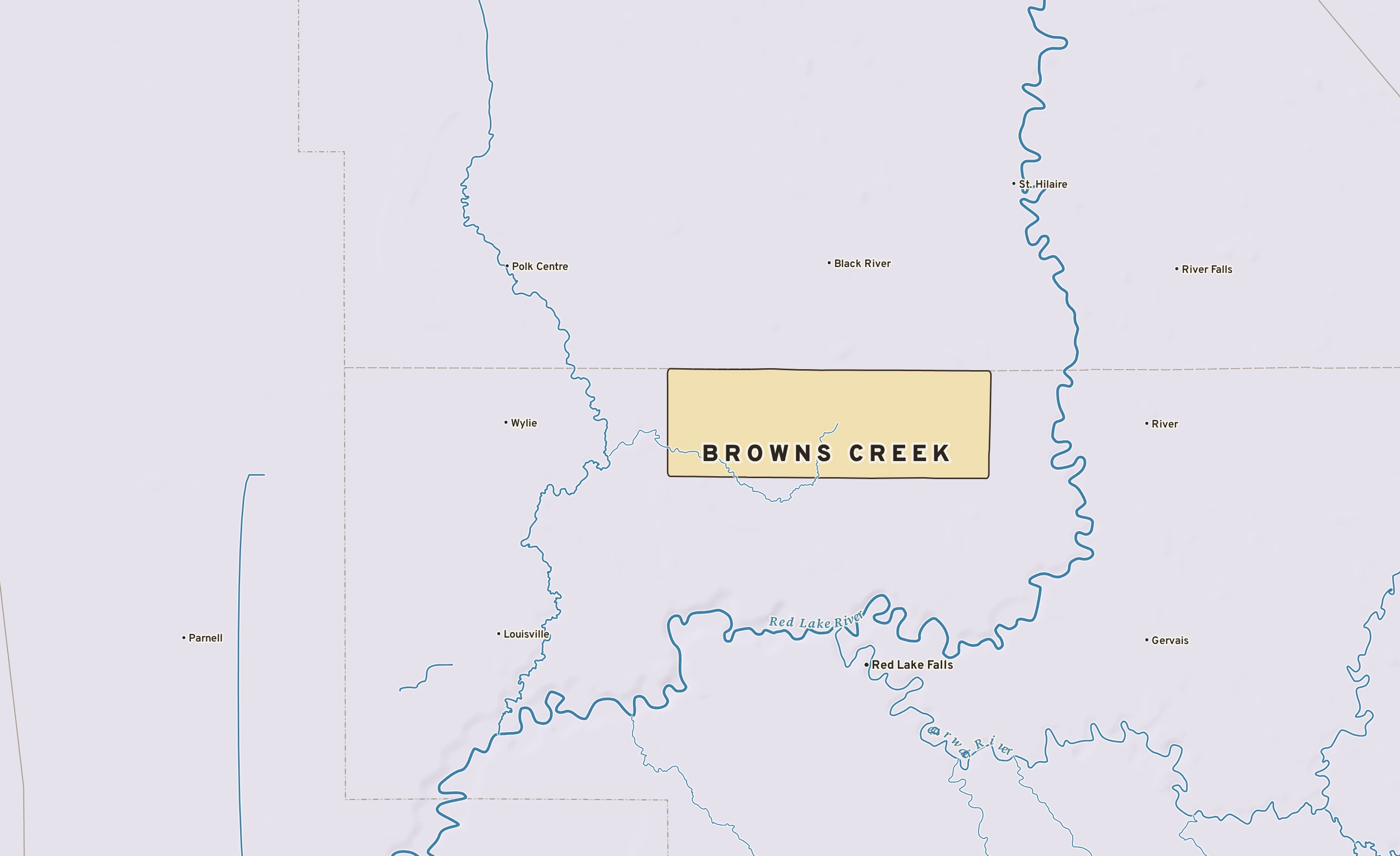 Shaded-relief atlas plate of Browns Creek, Minnesota: rivers, roads, the city limits and where the water drains.