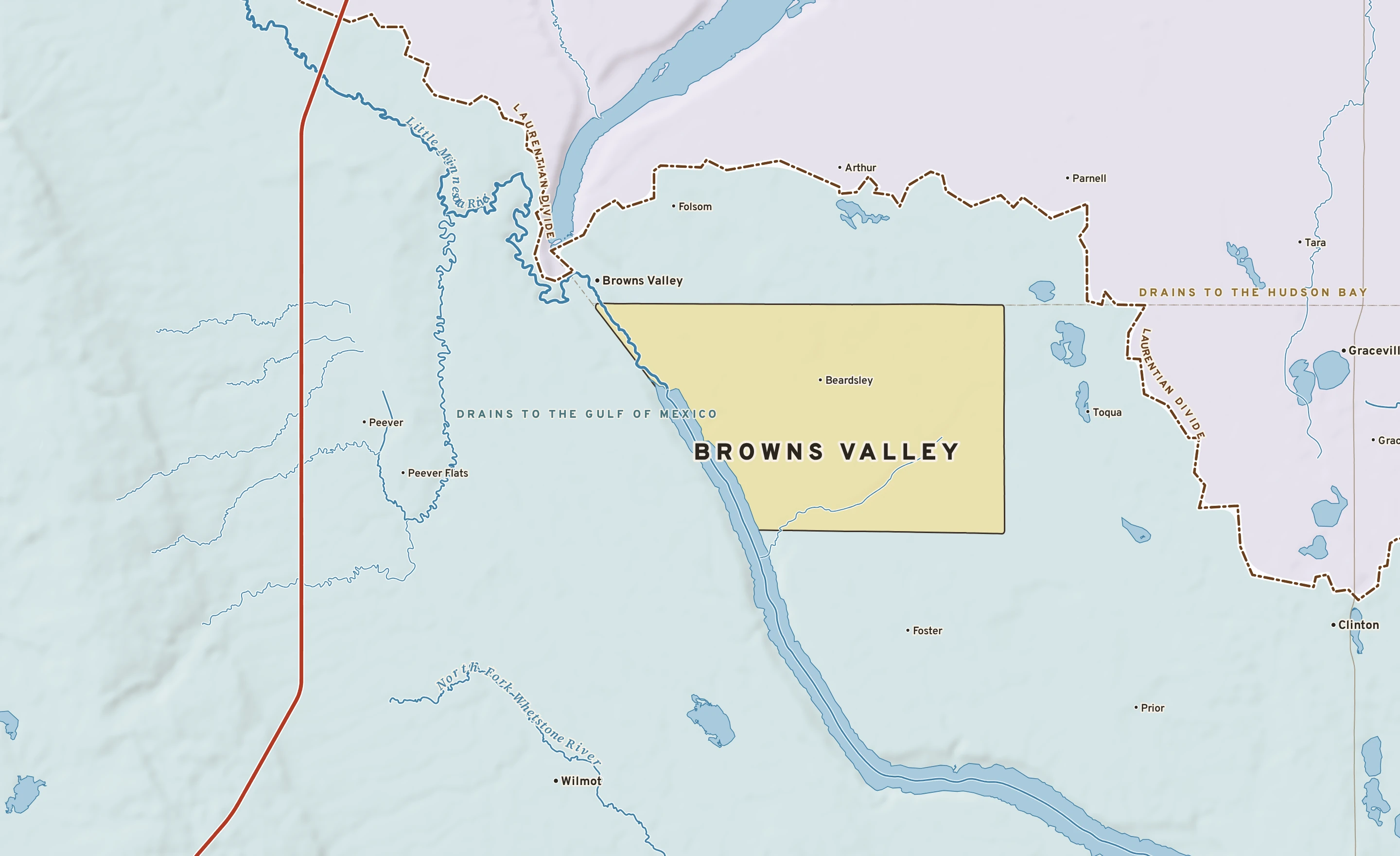 Shaded-relief atlas plate of Browns Valley, Minnesota: rivers, roads, the city limits and where the water drains.