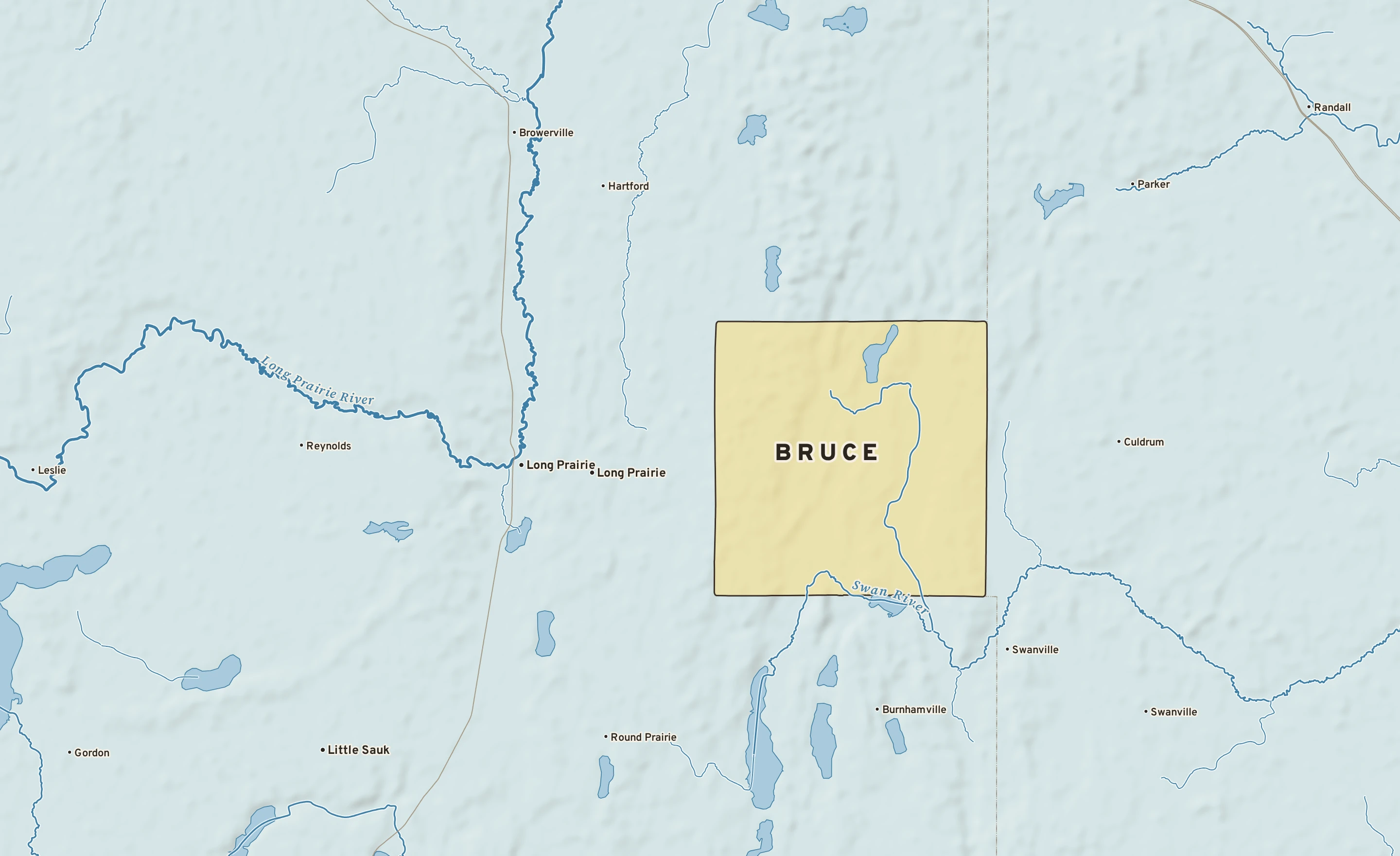 Shaded-relief atlas plate of Bruce, Minnesota: rivers, roads, the city limits and where the water drains.