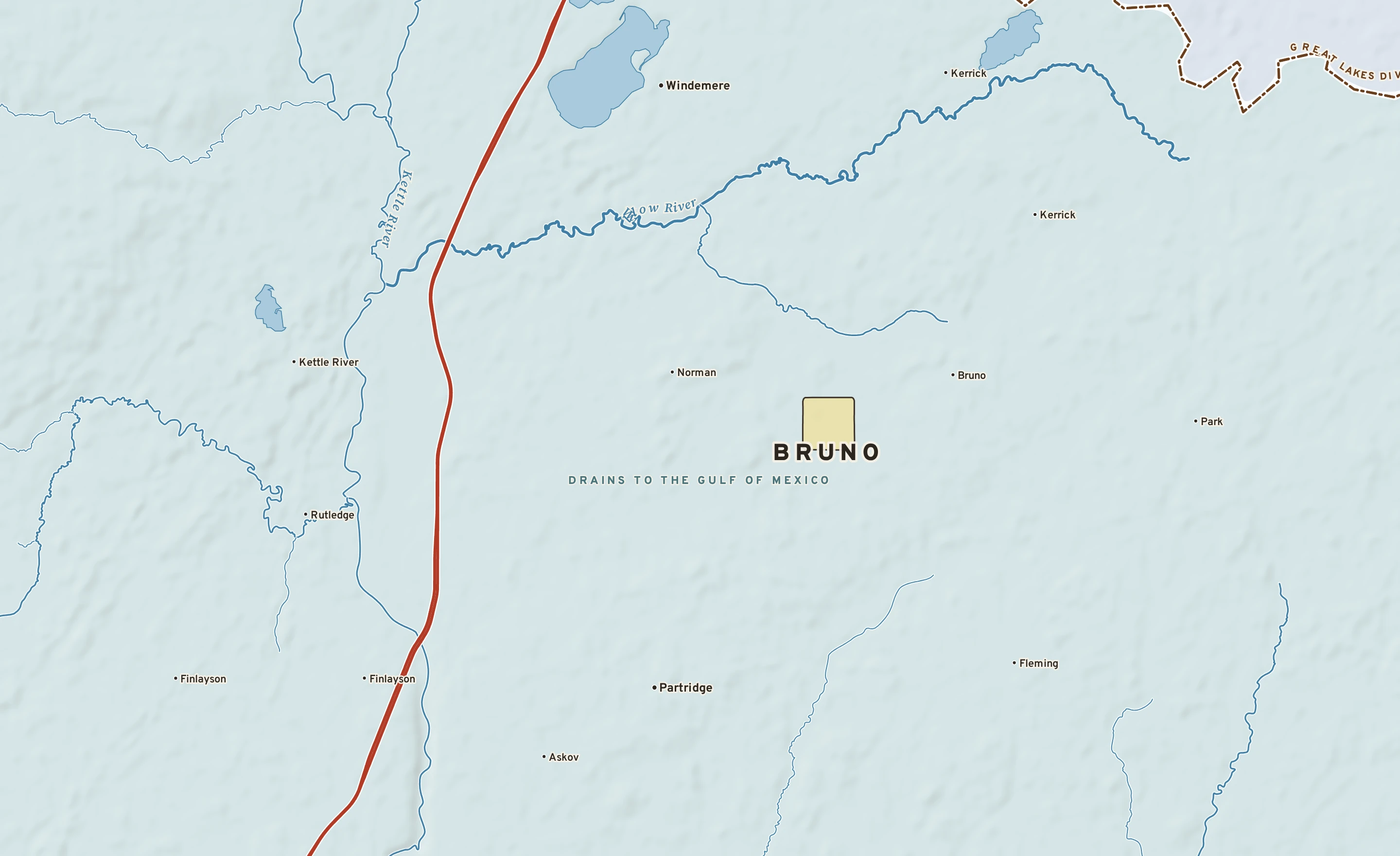 Shaded-relief atlas plate of Bruno, Minnesota: rivers, roads, the city limits and where the water drains.