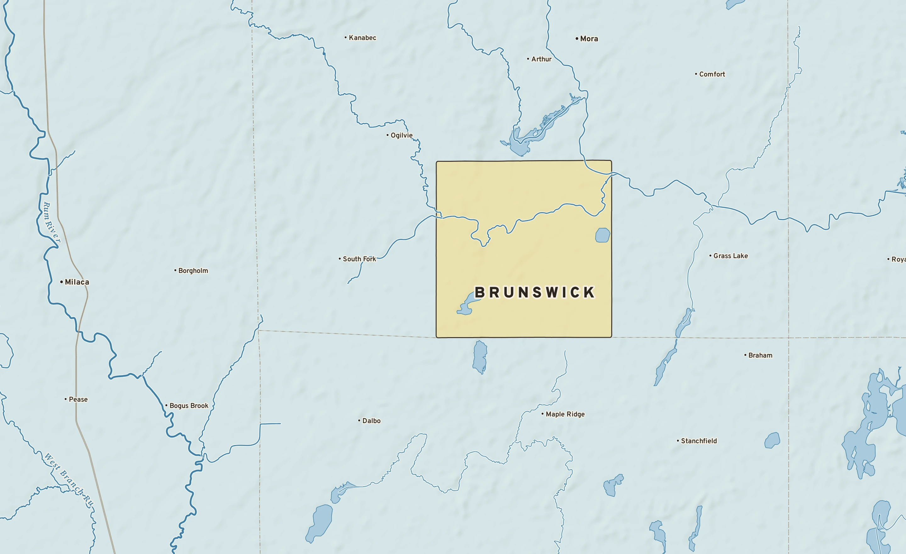 Shaded-relief atlas plate of Brunswick, Minnesota: rivers, roads, the city limits and where the water drains.