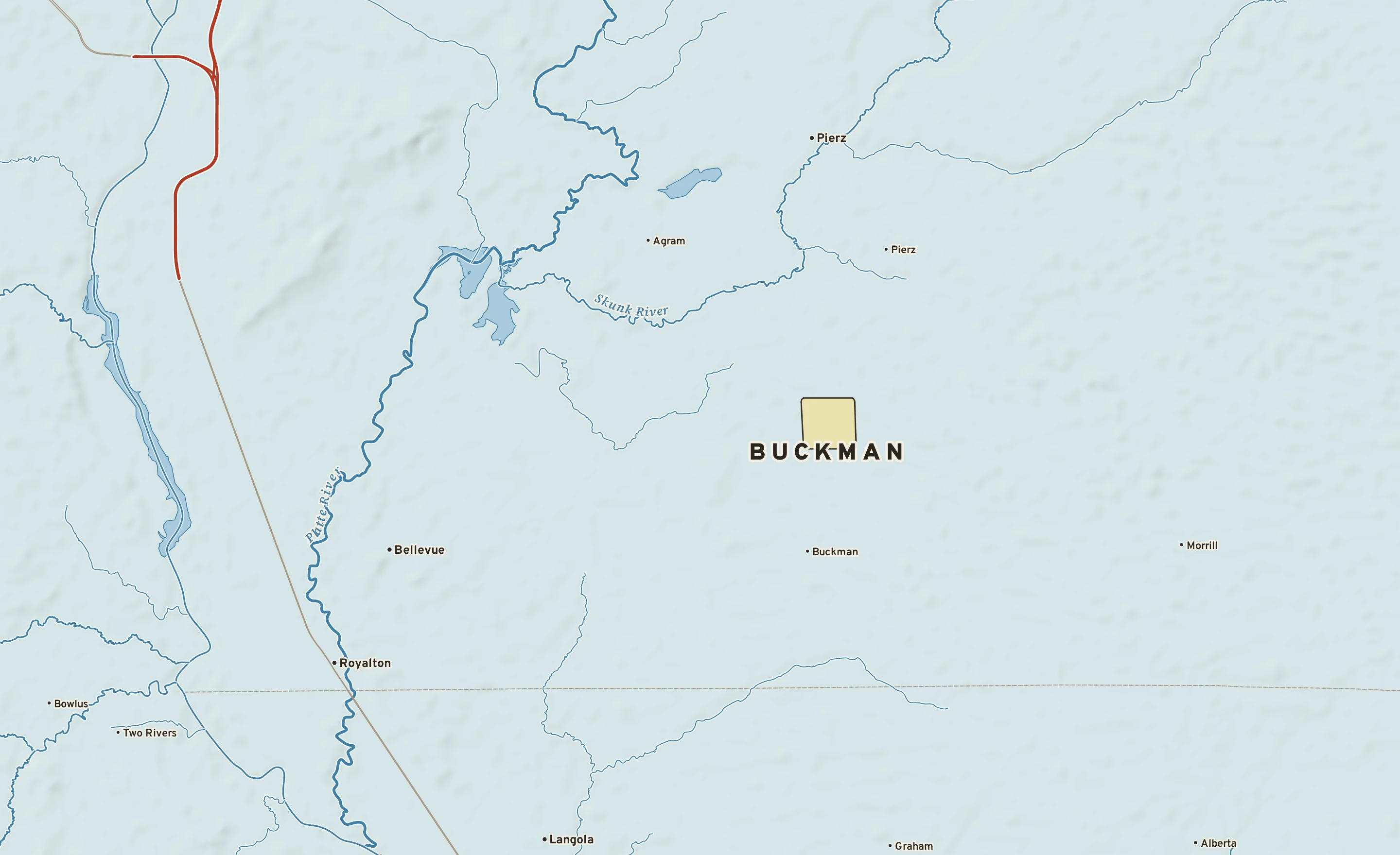 Shaded-relief atlas plate of Buckman, Minnesota: rivers, roads, the city limits and where the water drains.