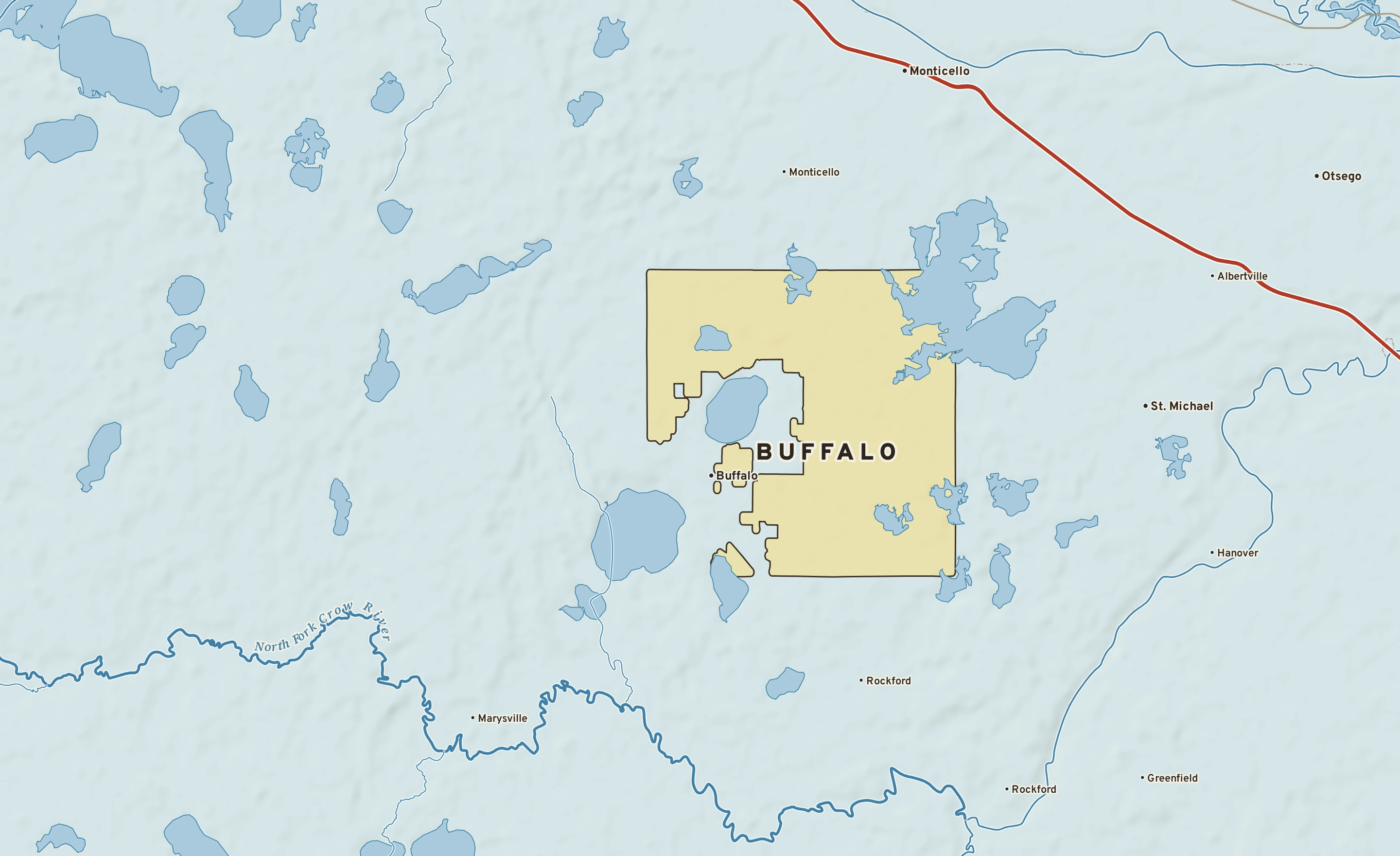 Shaded-relief atlas plate of Buffalo, Minnesota: rivers, roads, the city limits and where the water drains.