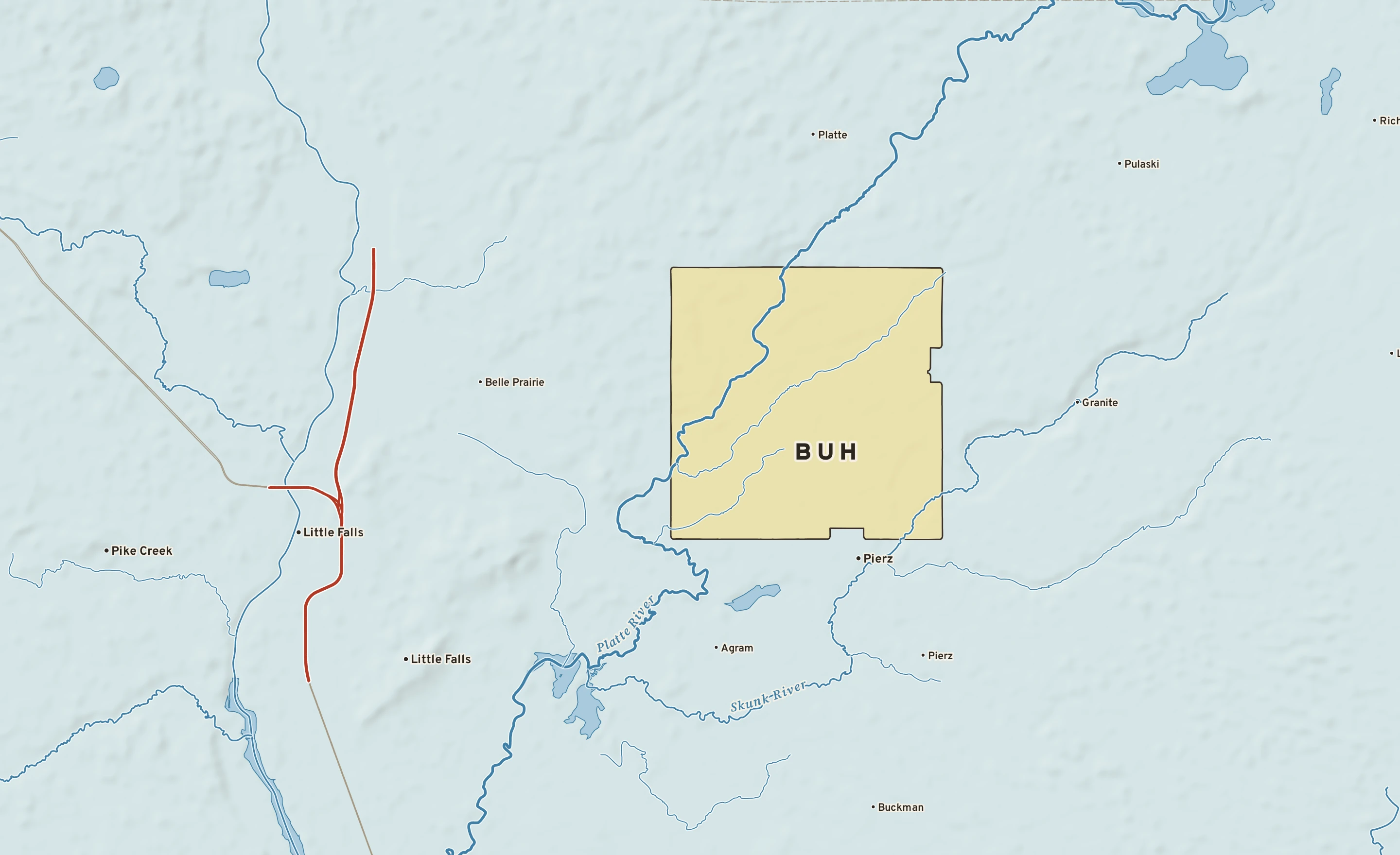 Shaded-relief atlas plate of Buh, Minnesota: rivers, roads, the city limits and where the water drains.