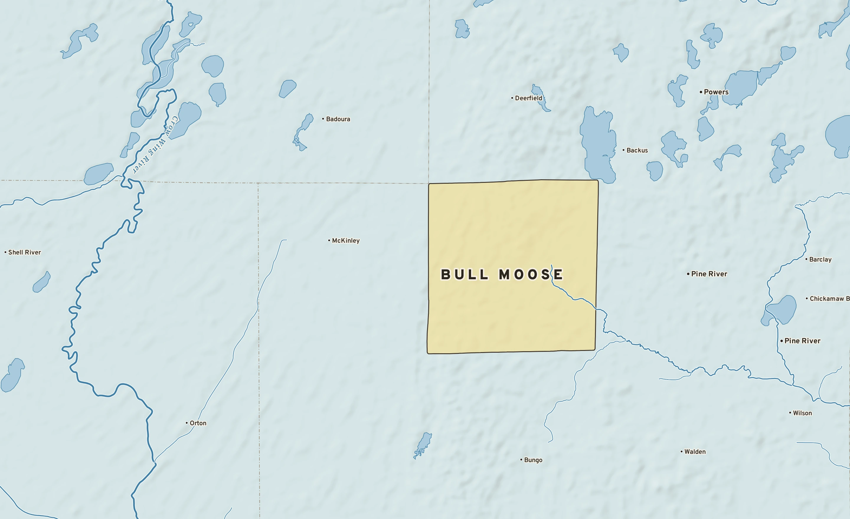 Shaded-relief atlas plate of Bull Moose, Minnesota: rivers, roads, the city limits and where the water drains.