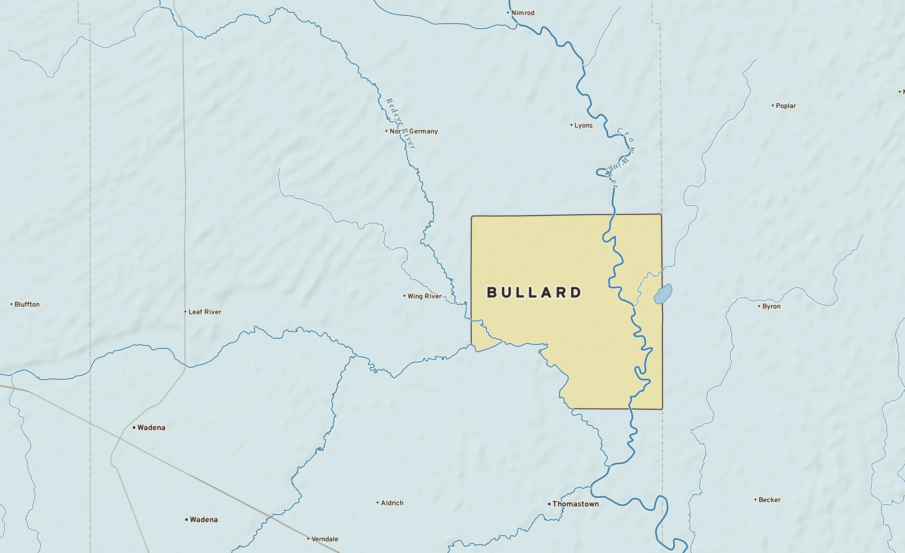 Shaded-relief atlas plate of Bullard, Minnesota: rivers, roads, the city limits and where the water drains.