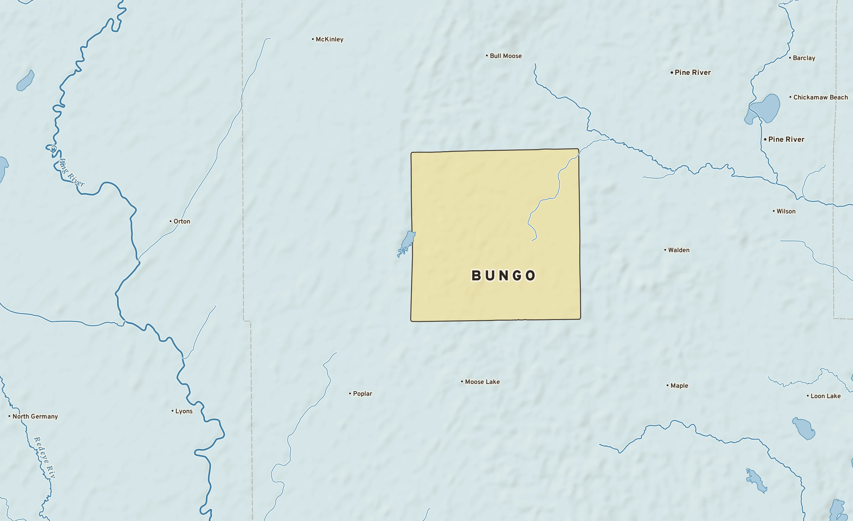 Shaded-relief atlas plate of Bungo, Minnesota: rivers, roads, the city limits and where the water drains.