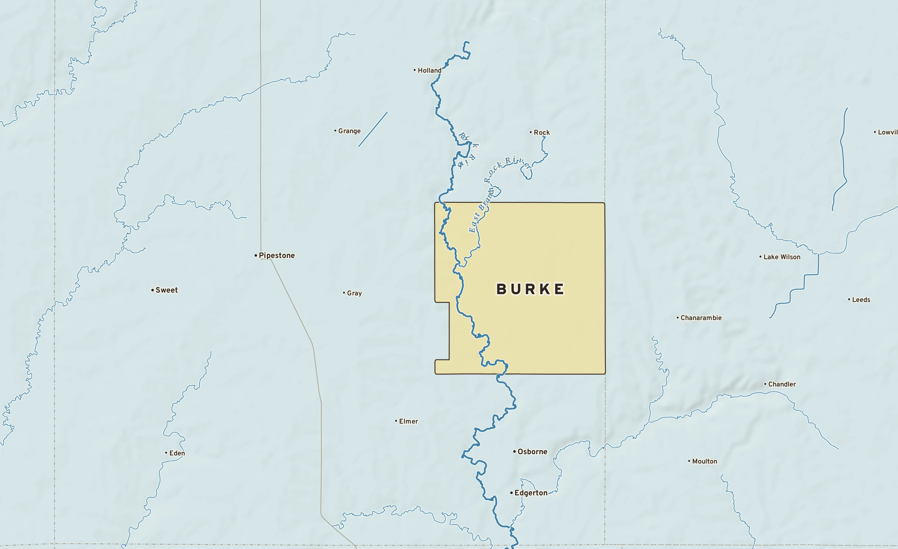 Shaded-relief atlas plate of Burke, Minnesota: rivers, roads, the city limits and where the water drains.
