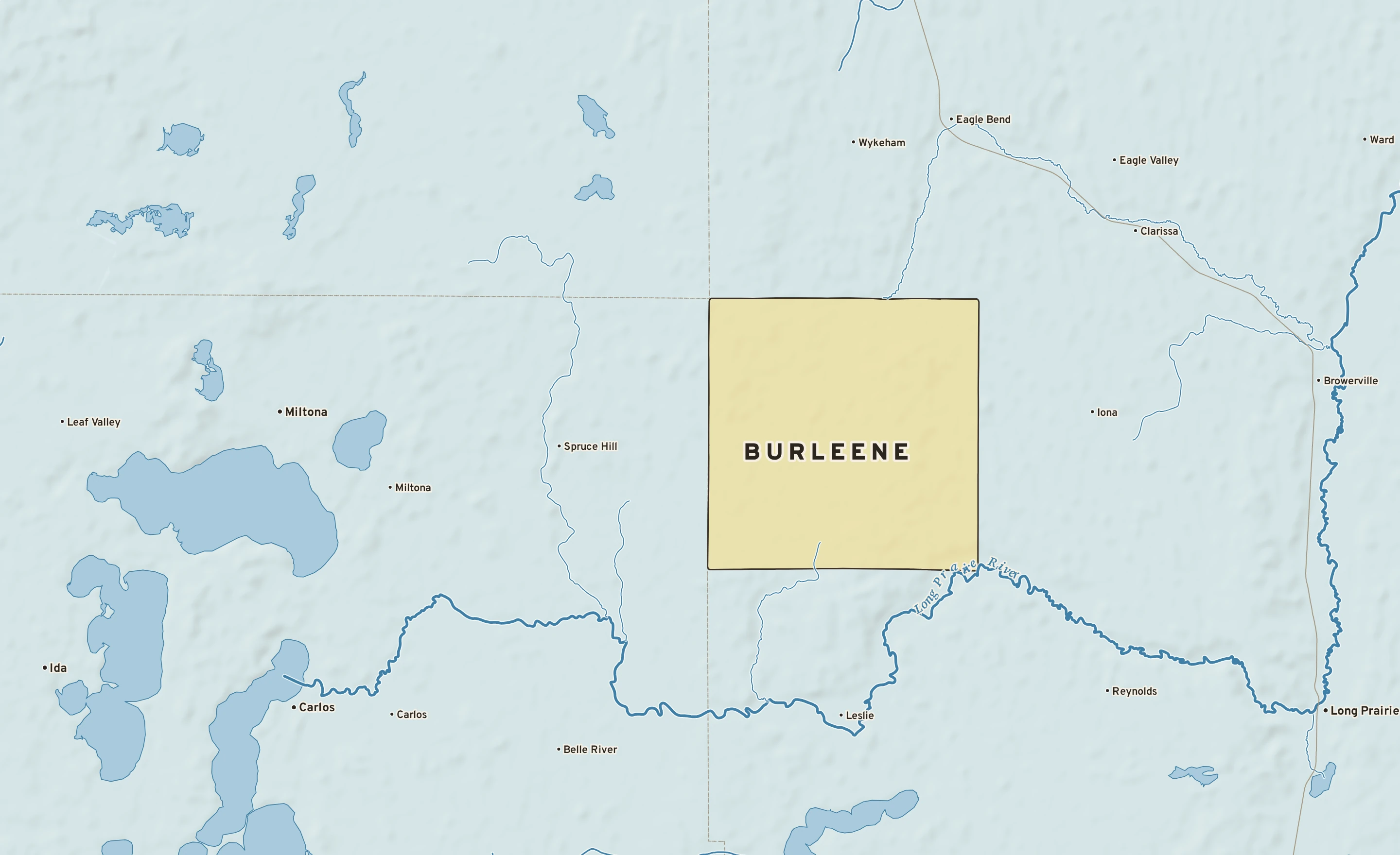 Shaded-relief atlas plate of Burleene, Minnesota: rivers, roads, the city limits and where the water drains.