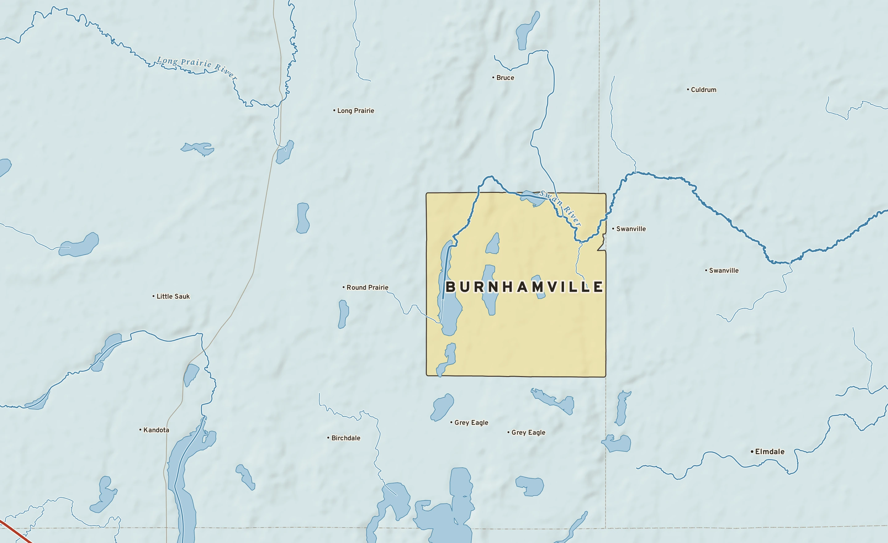 Shaded-relief atlas plate of Burnhamville, Minnesota: rivers, roads, the city limits and where the water drains.