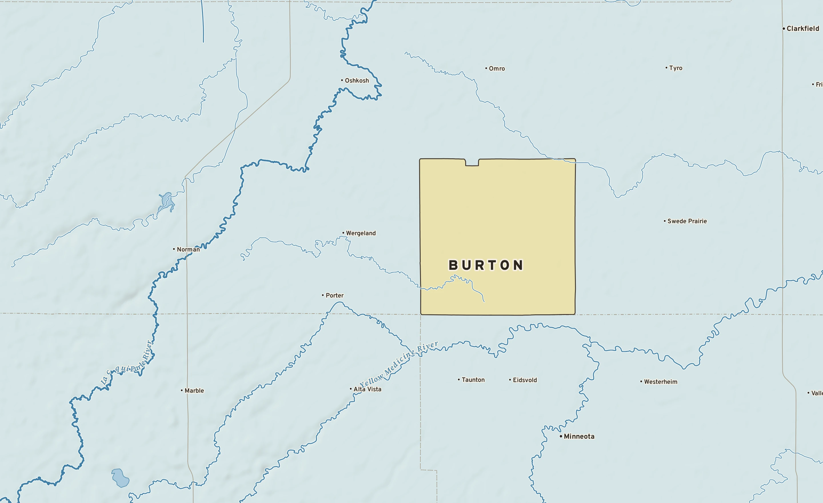 Shaded-relief atlas plate of Burton, Minnesota: rivers, roads, the city limits and where the water drains.