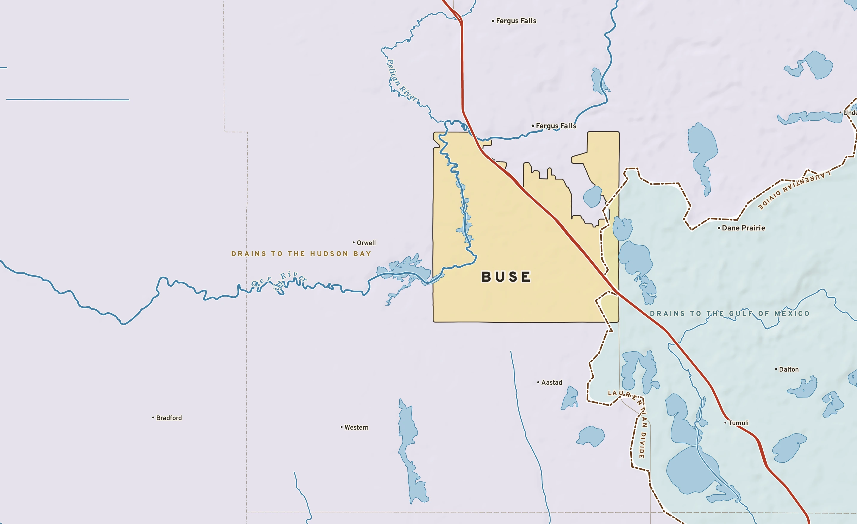 Shaded-relief atlas plate of Buse, Minnesota: rivers, roads, the city limits and where the water drains.
