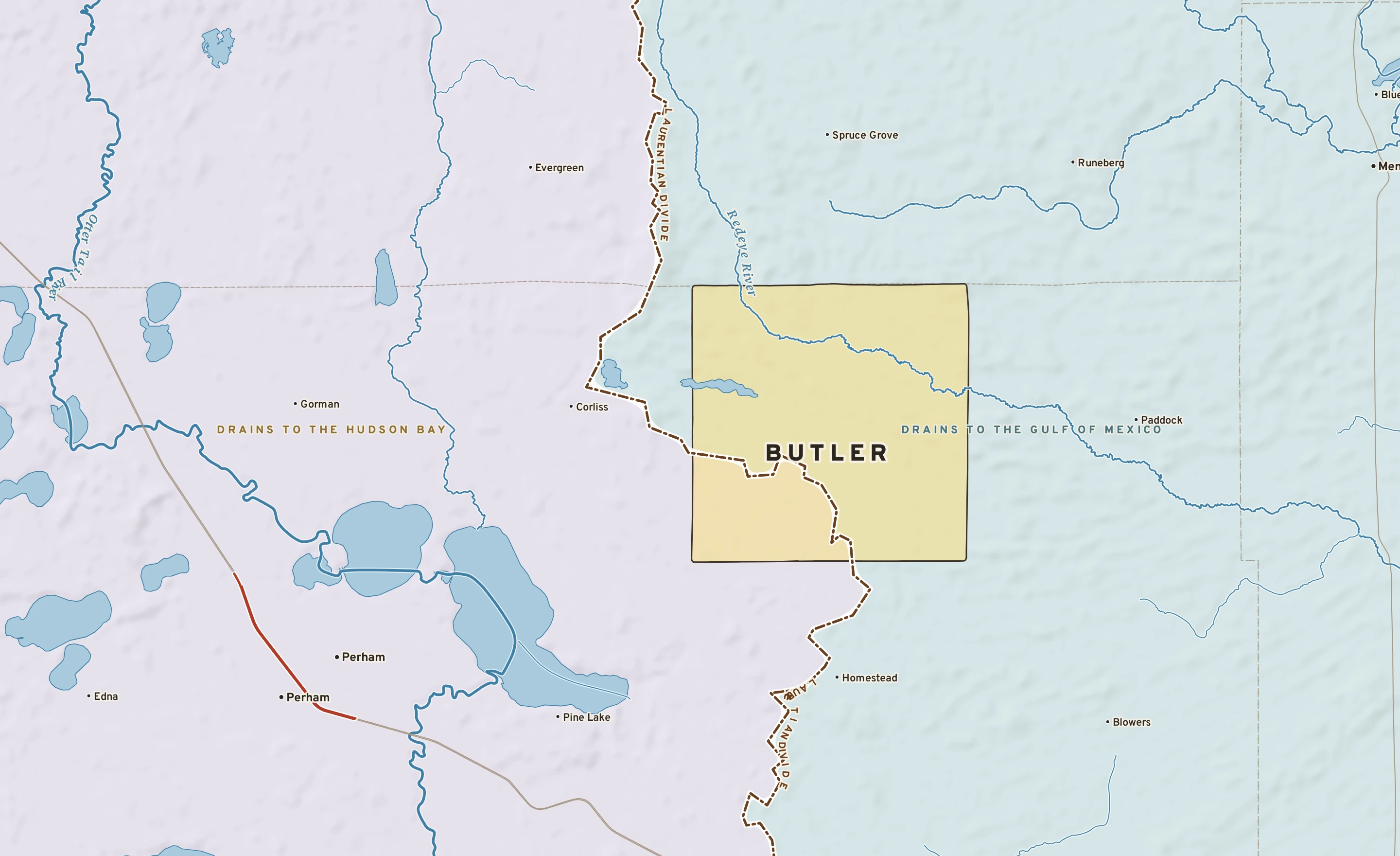 Shaded-relief atlas plate of Butler, Minnesota: rivers, roads, the city limits and where the water drains.