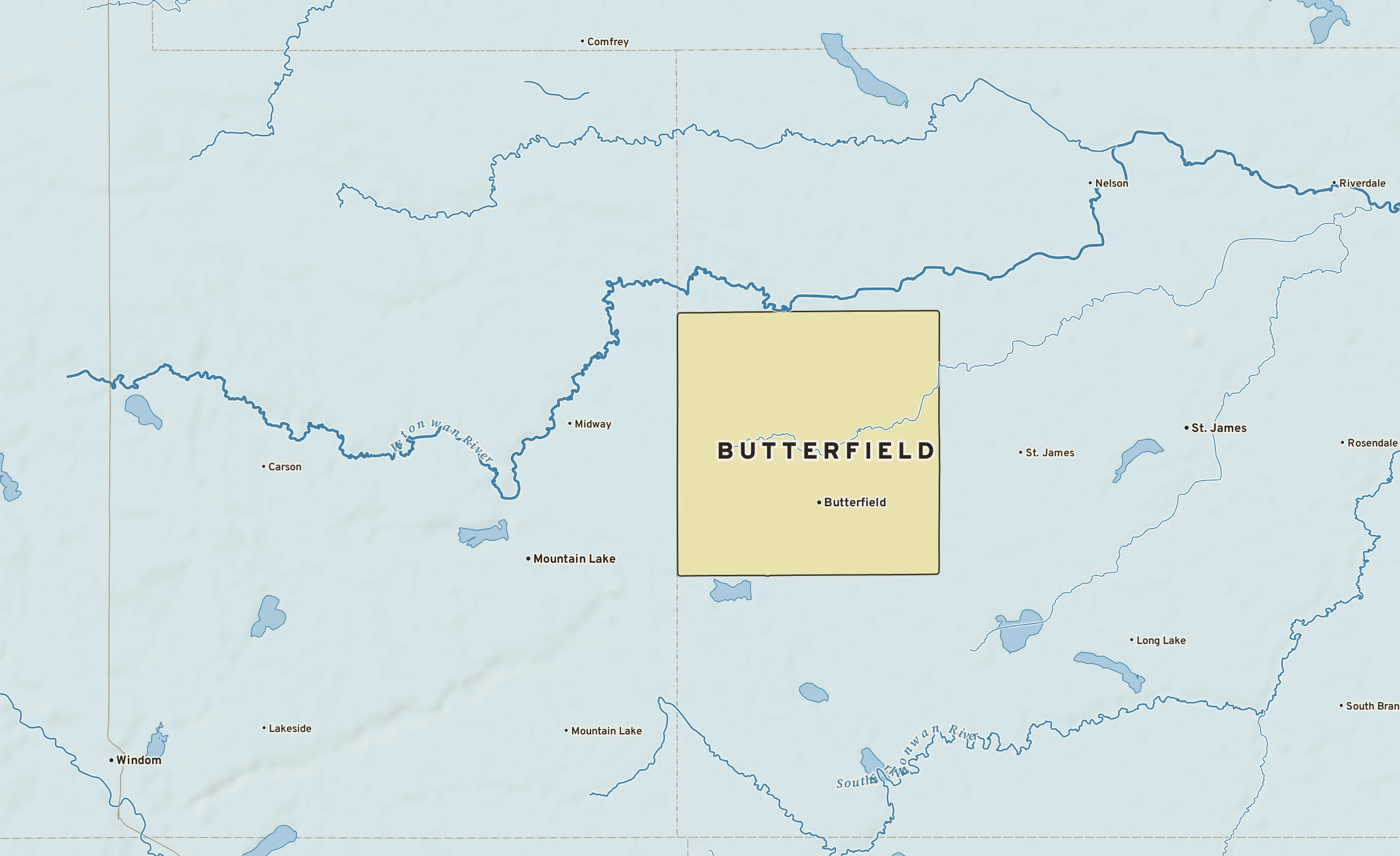 Shaded-relief atlas plate of Butterfield, Minnesota: rivers, roads, the city limits and where the water drains.