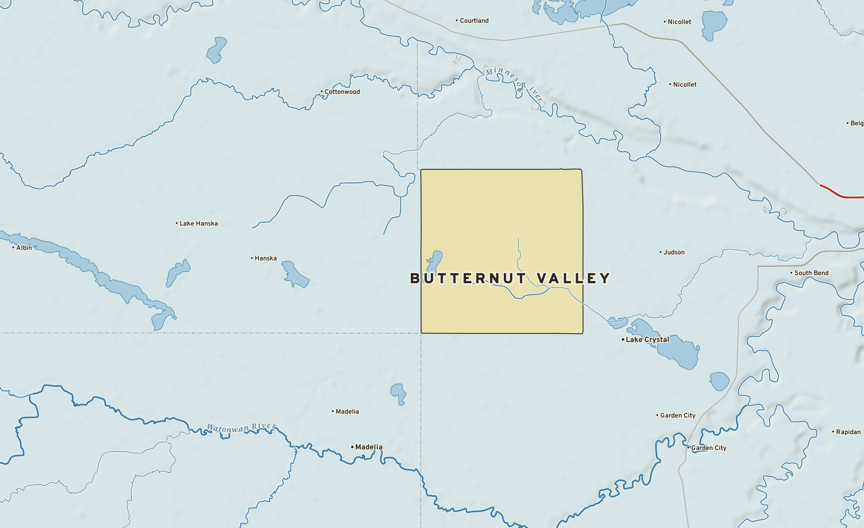 Shaded-relief atlas plate of Butternut Valley, Minnesota: rivers, roads, the city limits and where the water drains.