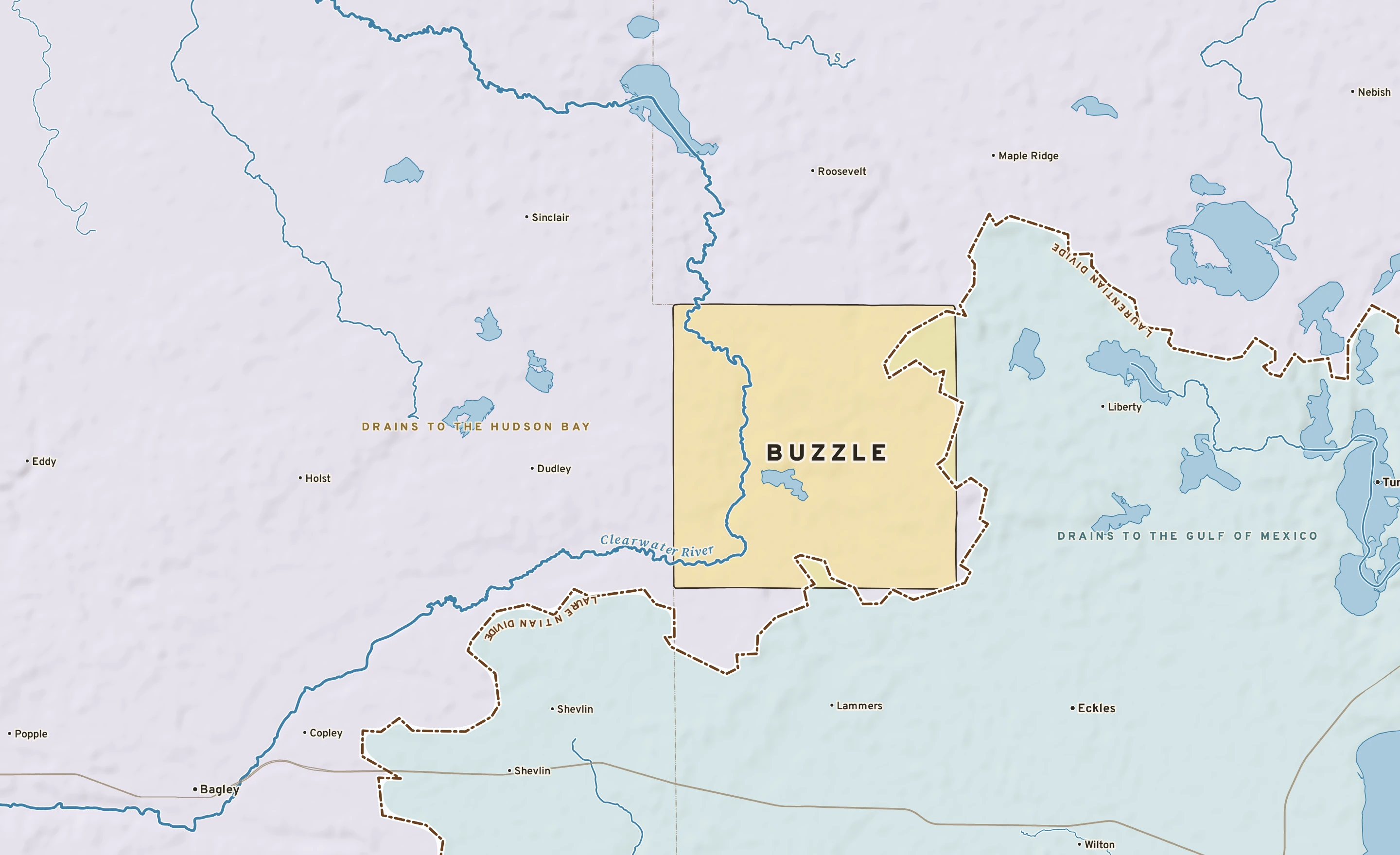 Shaded-relief atlas plate of Buzzle, Minnesota: rivers, roads, the city limits and where the water drains.