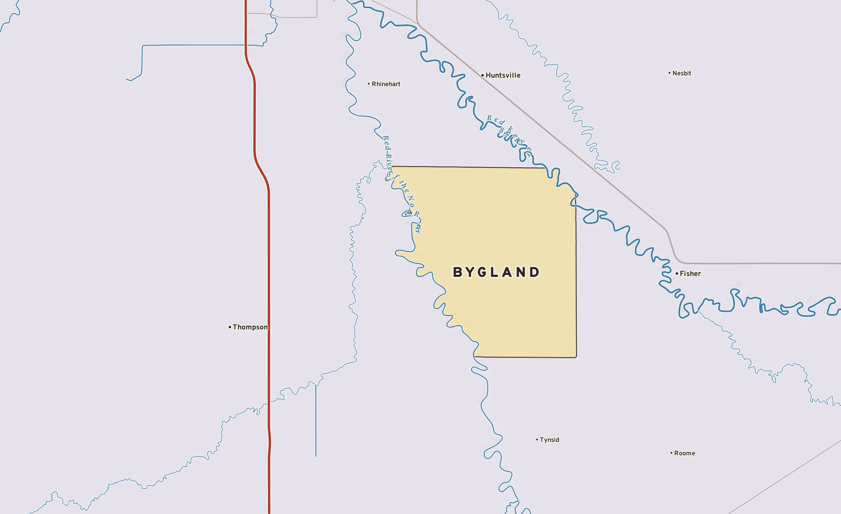 Shaded-relief atlas plate of Bygland, Minnesota: rivers, roads, the city limits and where the water drains.