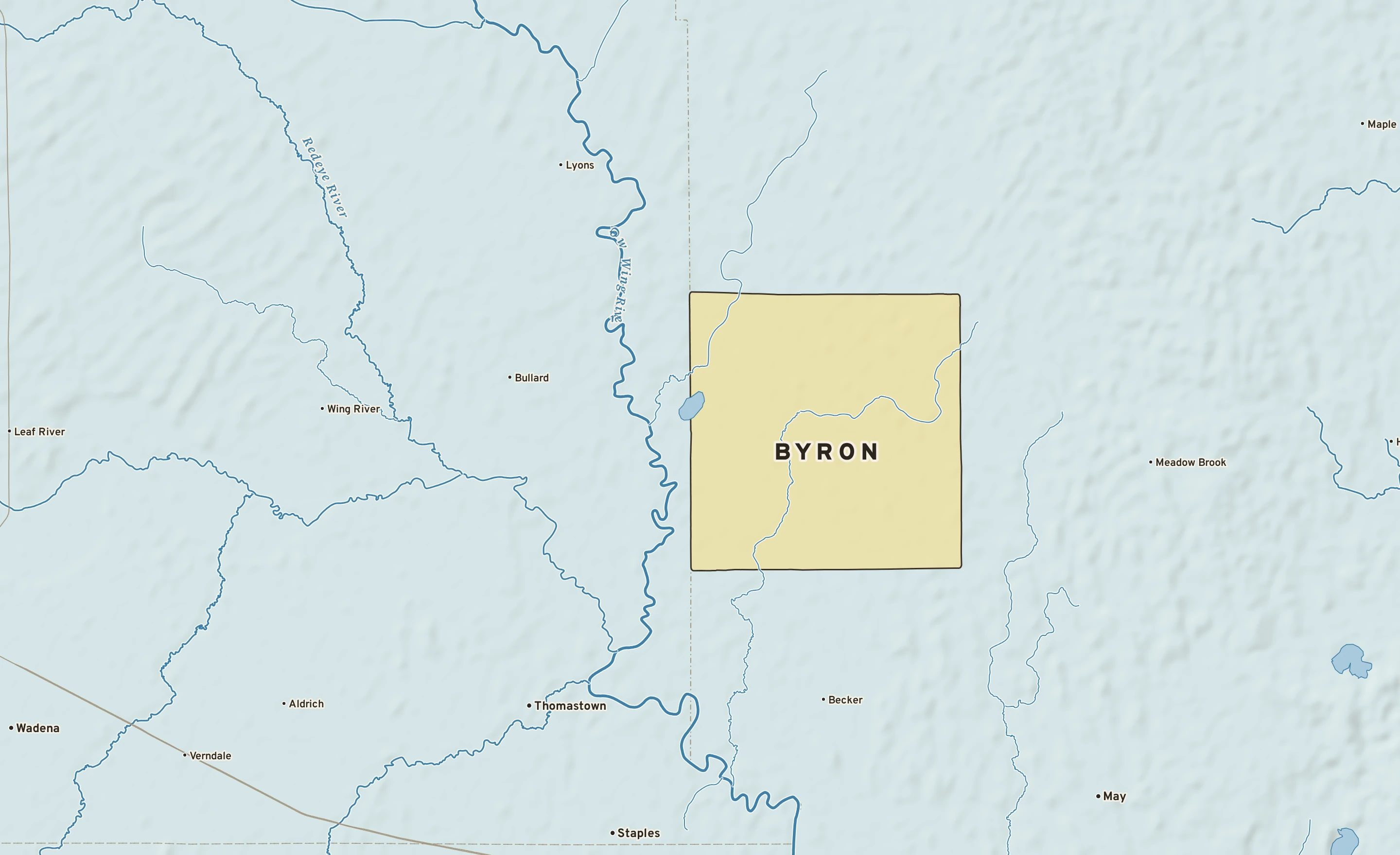 Shaded-relief atlas plate of Byron, Minnesota: rivers, roads, the city limits and where the water drains.