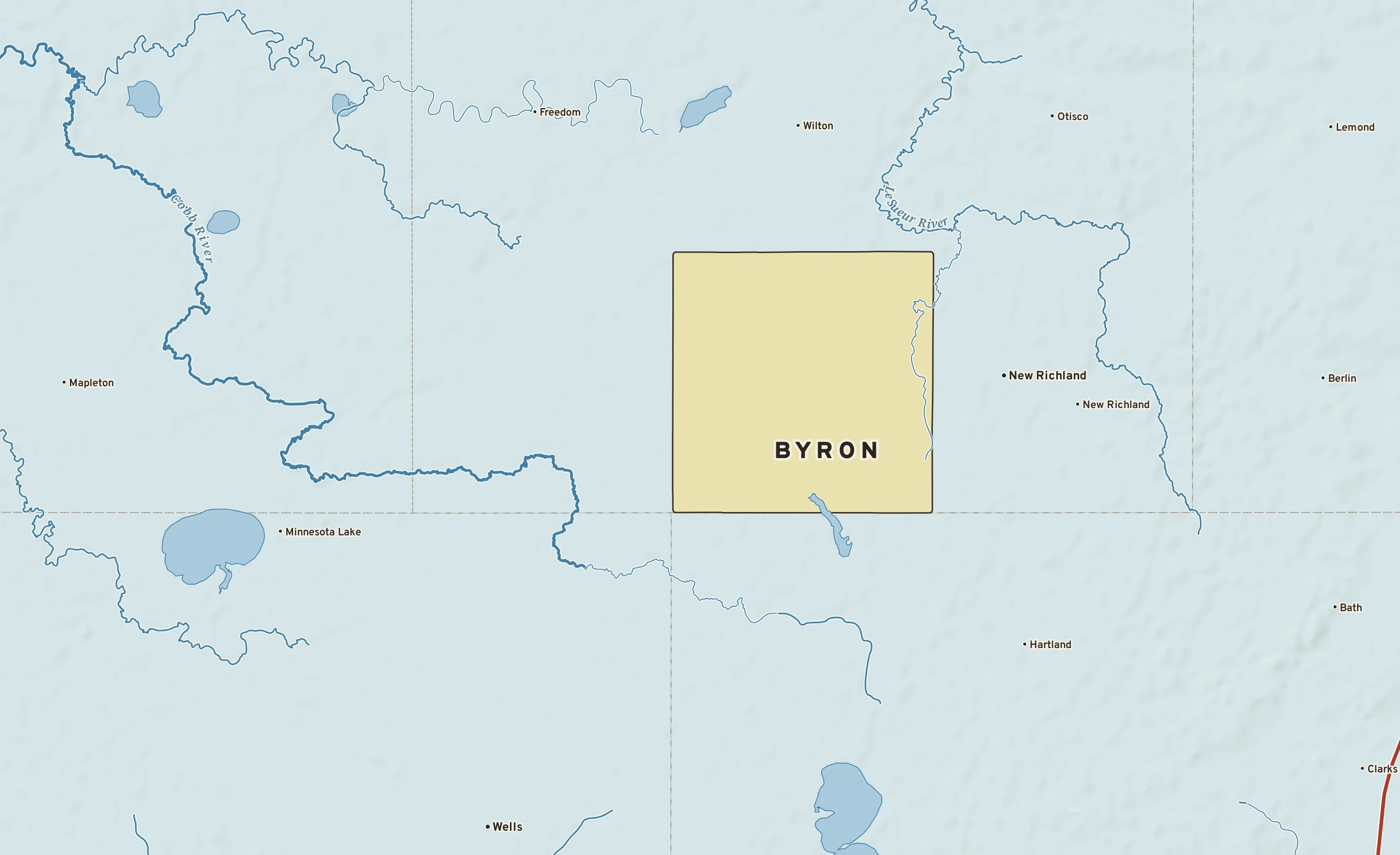 Shaded-relief atlas plate of Byron, Minnesota: rivers, roads, the city limits and where the water drains.